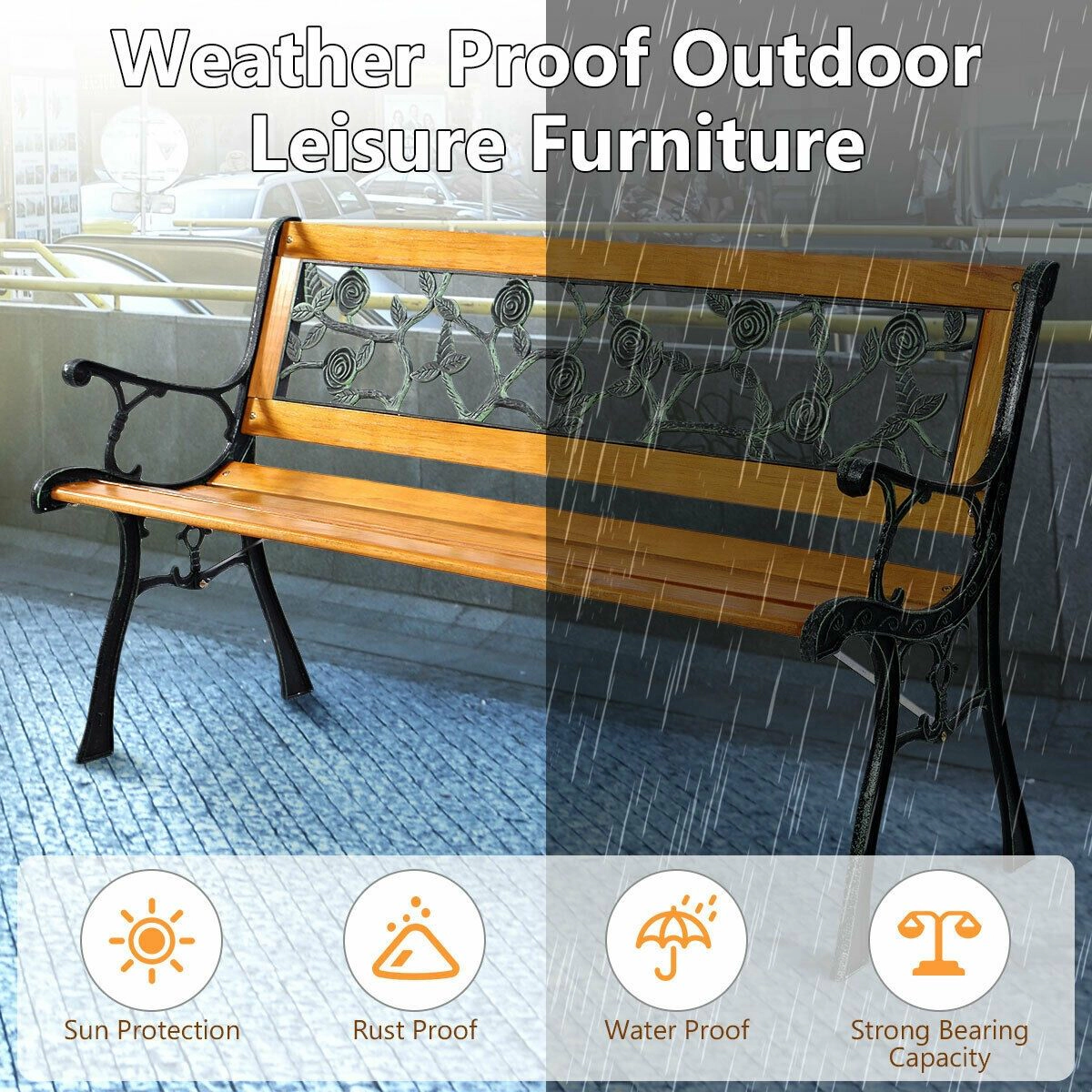 SlickBlue 3 Person Outdoor Bench with Cast Iron Frame and Wood Slat Seat