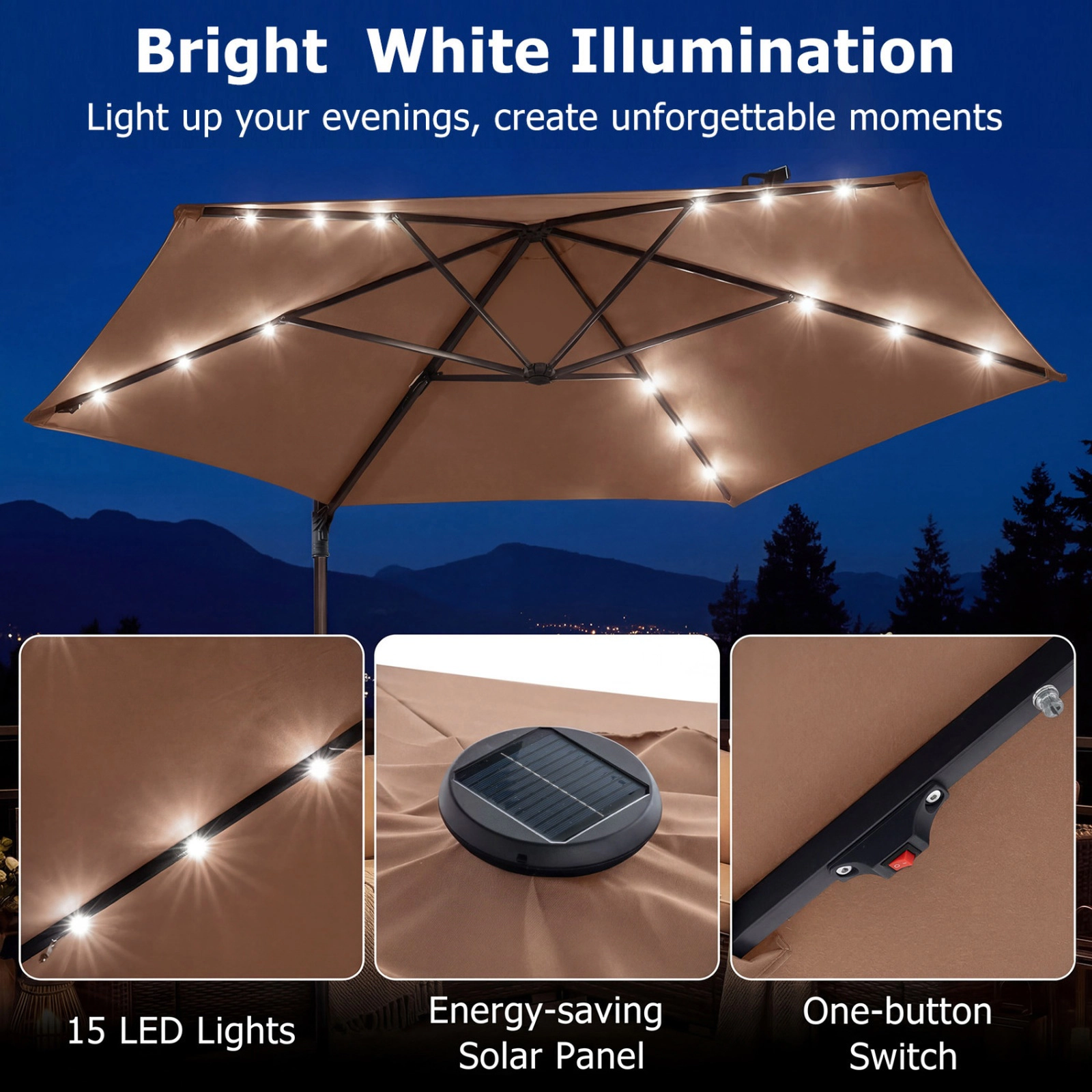 SUGIFT 10-ft Tan Solar LED Offset Cantilever Patio Umbrella with Manual Lift and Cross Base