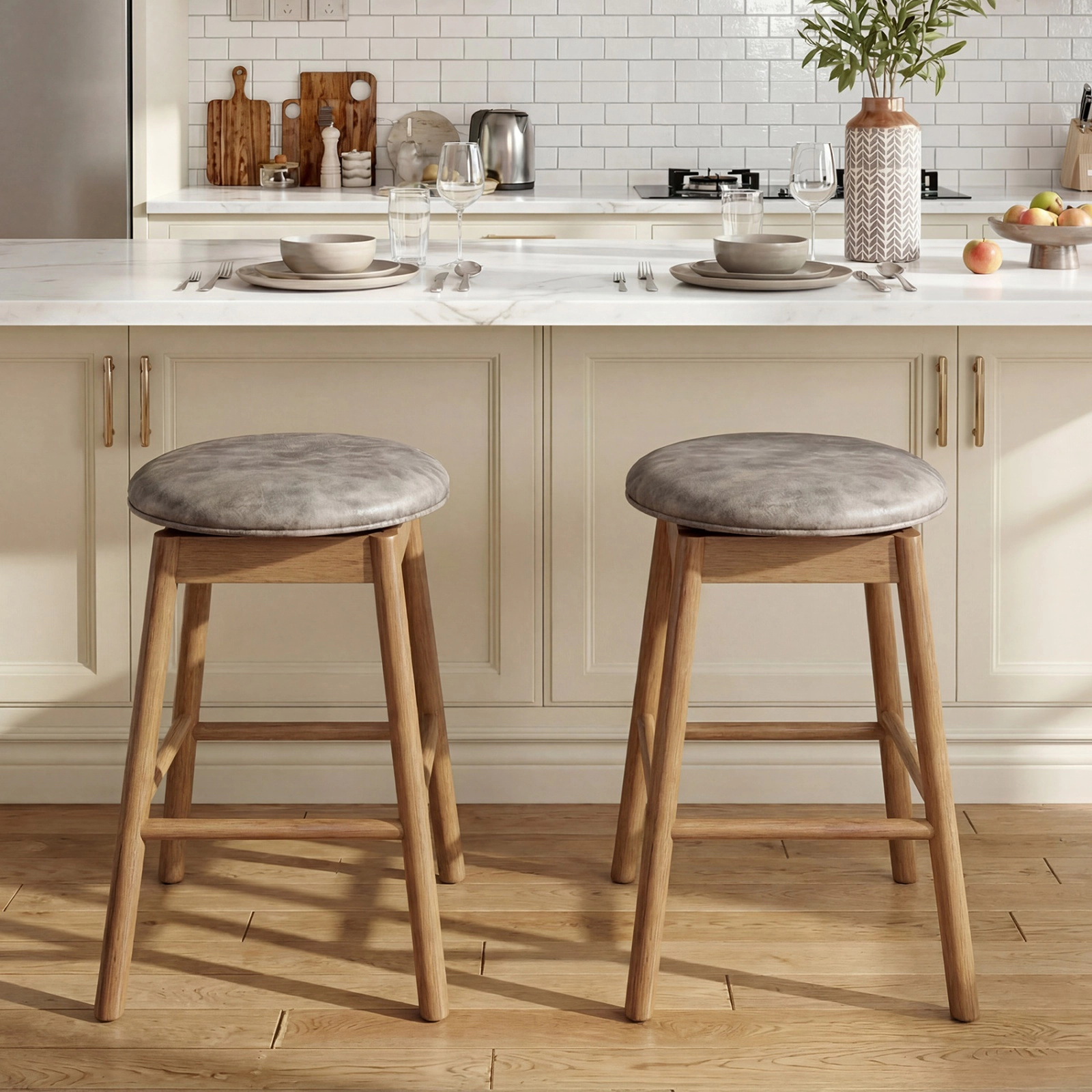 SUGIFT 360° Swivel Counter Height Bar Stools with Footrests 290-Lb Capacity 25-in Seat Height Natural and Gray Set of 2