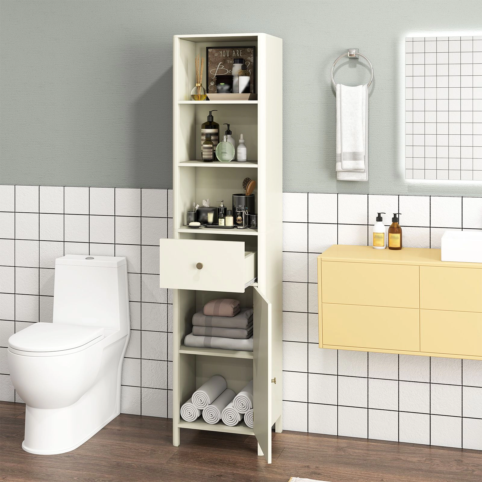 SlickBlue Modern Floor Cabinet with Drawer and Adjustable Storage Space