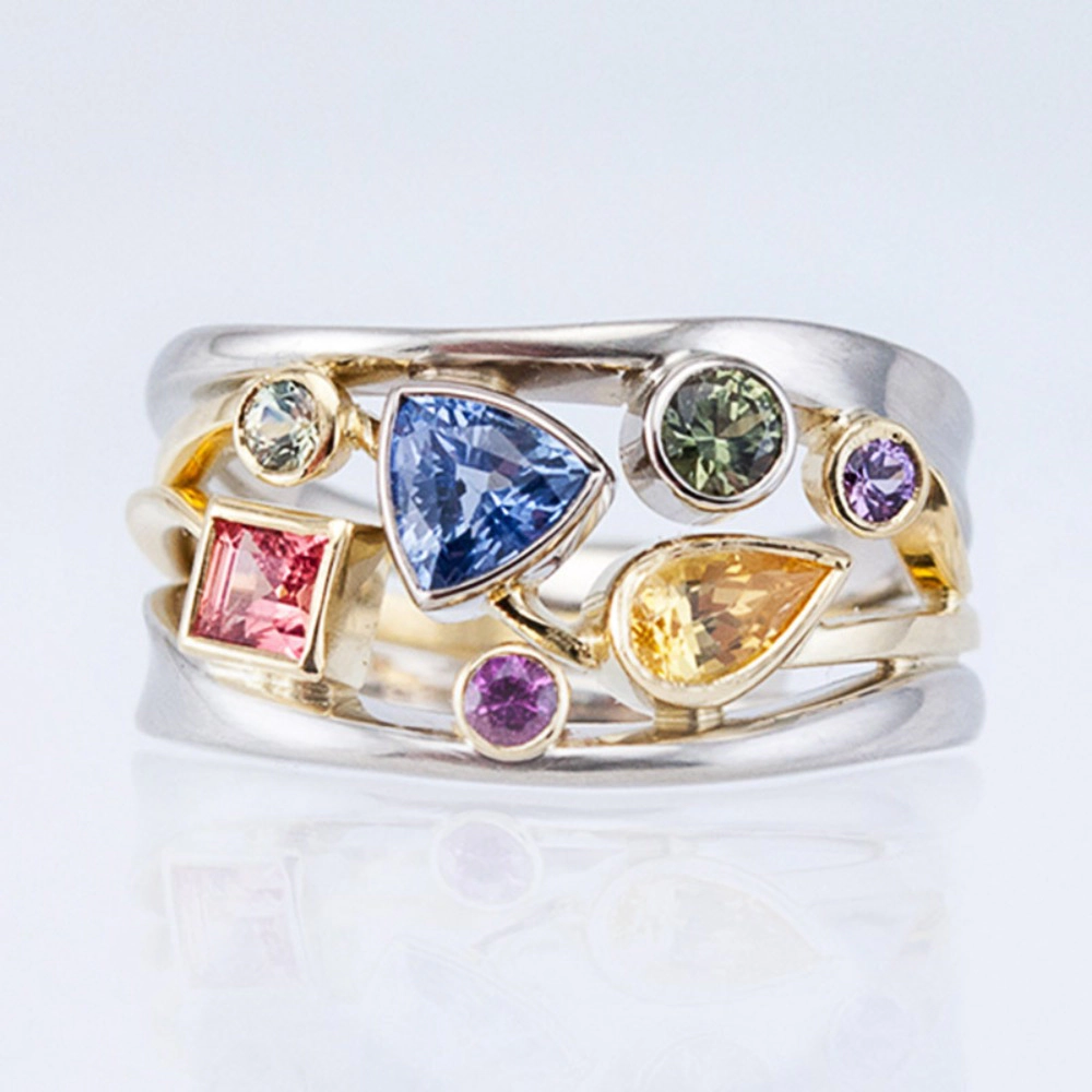 Wardrobe Whimsy Two‑Tone Multi‑Shape Multi‑Color Gemstone Crossover Band Ring