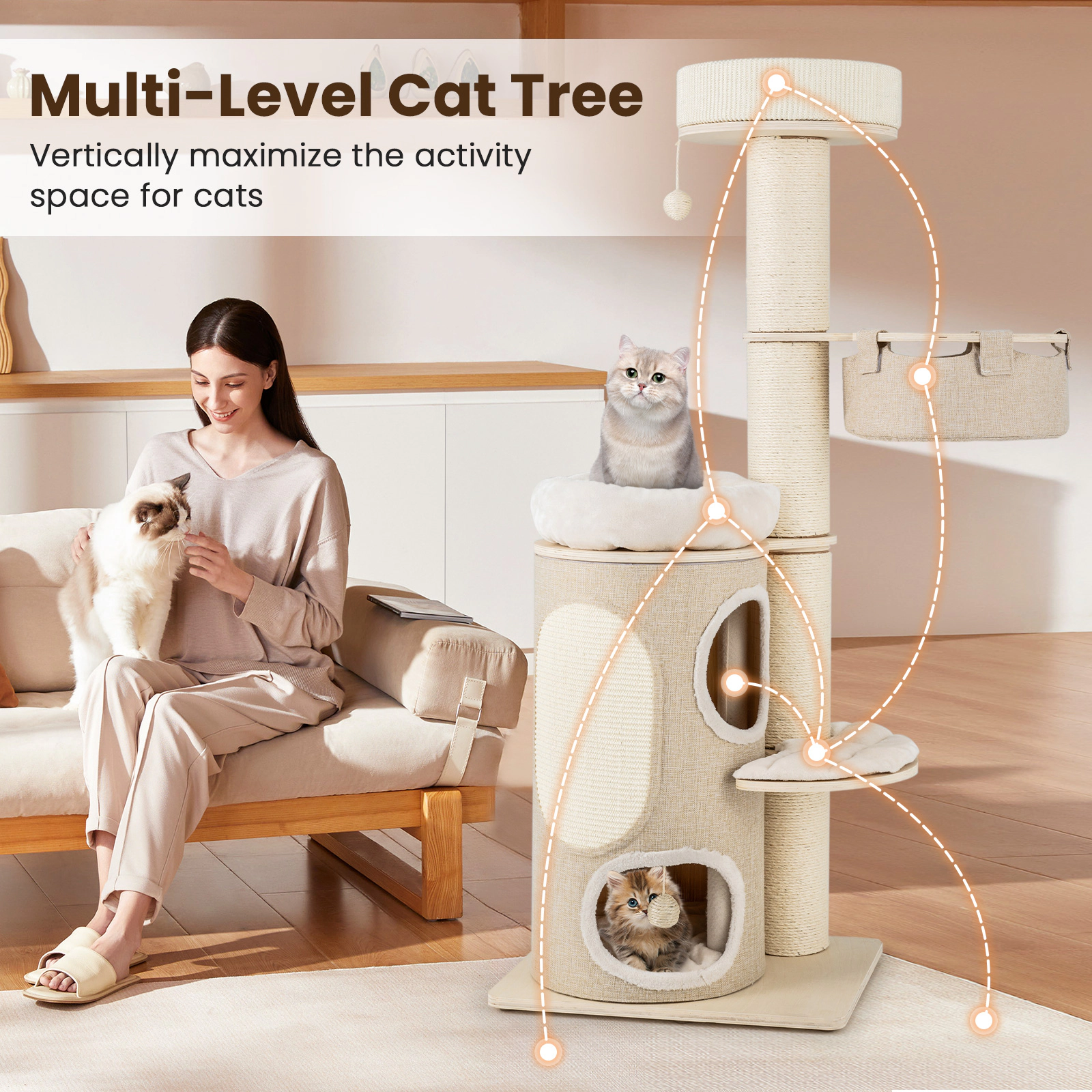 LJG 61 Inches Cat Tree for Indoor Cats with 2-Story Condo and Top Perch