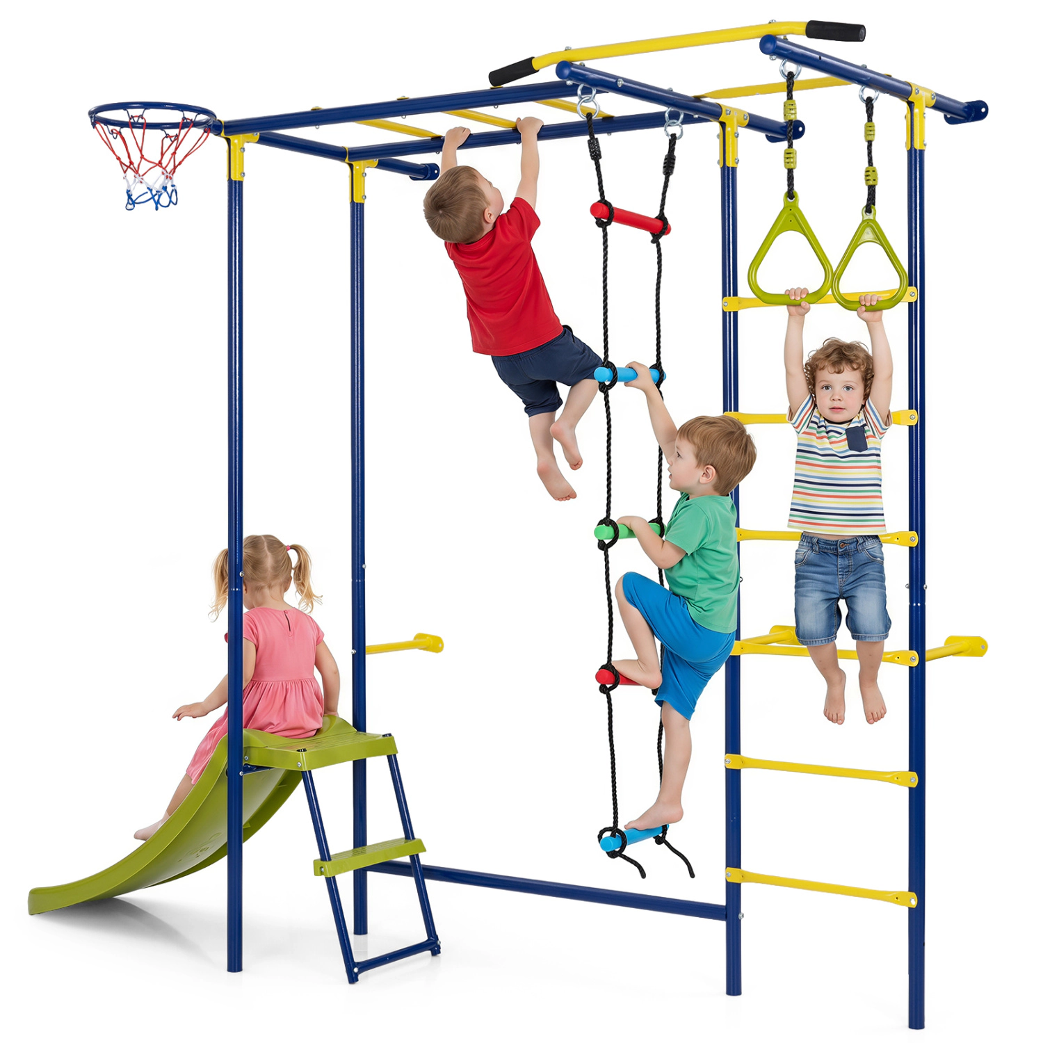 LJG Kids 7-in-1 Swedish Ladder Wall Playset with Monkey Bars and Slide