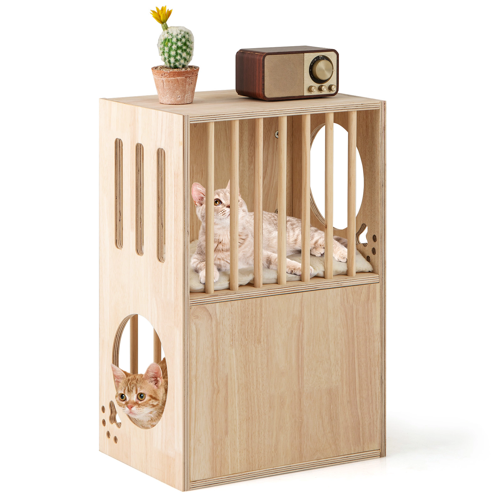 SUGIFT 17 x 25.5-in 33-lb Layer Capacity Natural 2-Tier Wooden Cat Condo House with 2 Removable Cushions