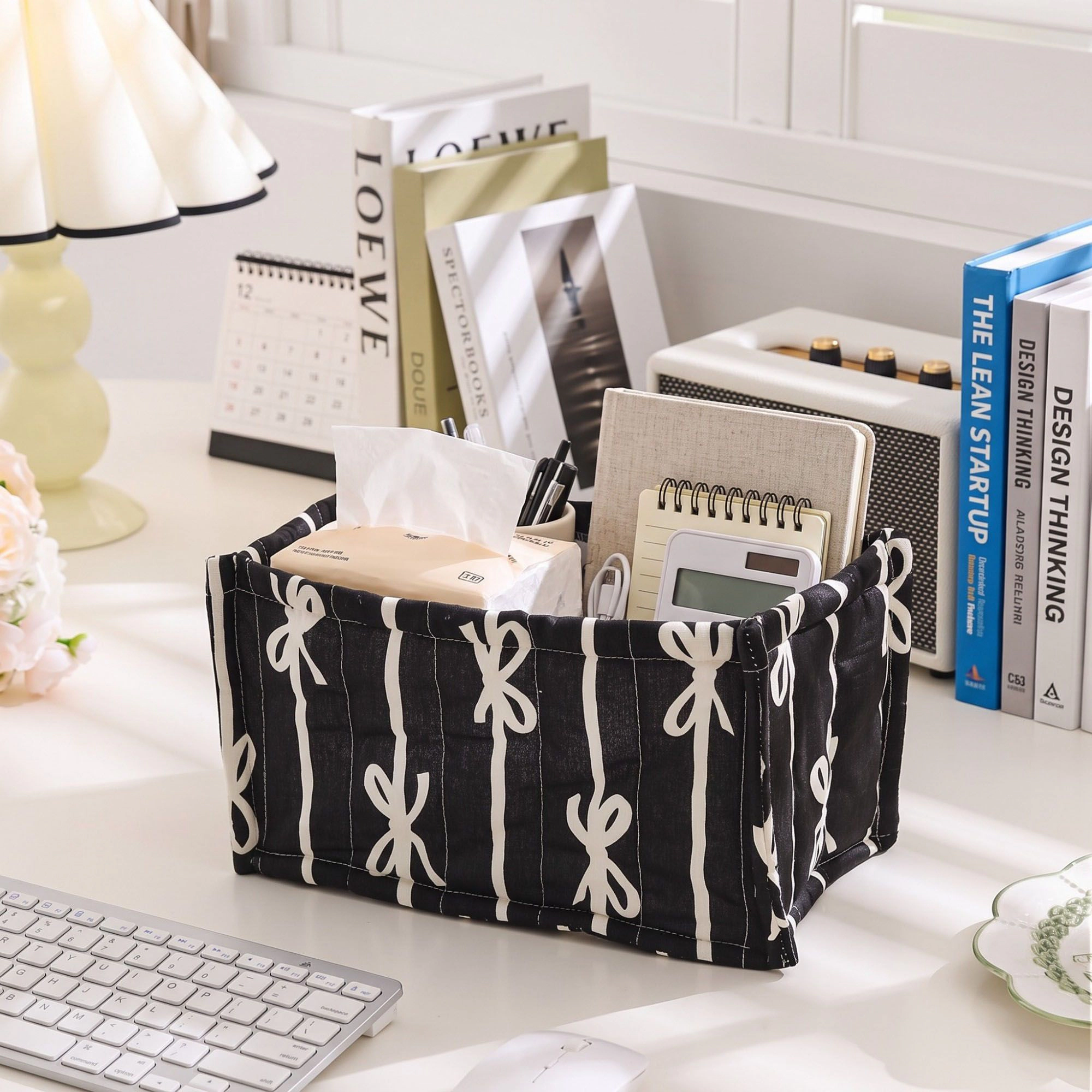 Alilang Unisex Quilted Bow Print Fabric Storage Bin Open Top Organizer Basket