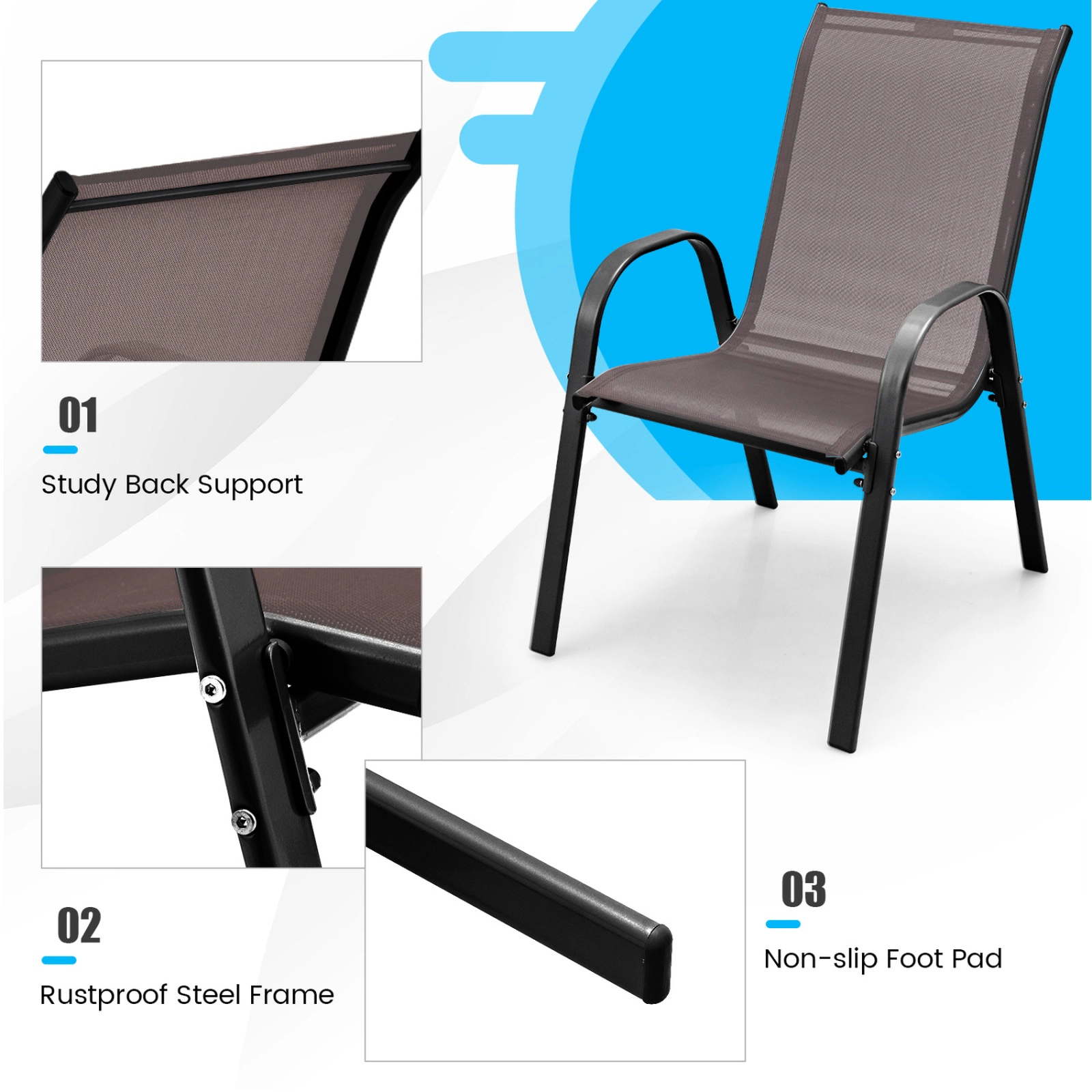 SUGIFT Set of 2 Stackable Patio Dining Chairs with Armrests 35.5-in Tall 330-lb Capacity Brown Fabric Gray Frame