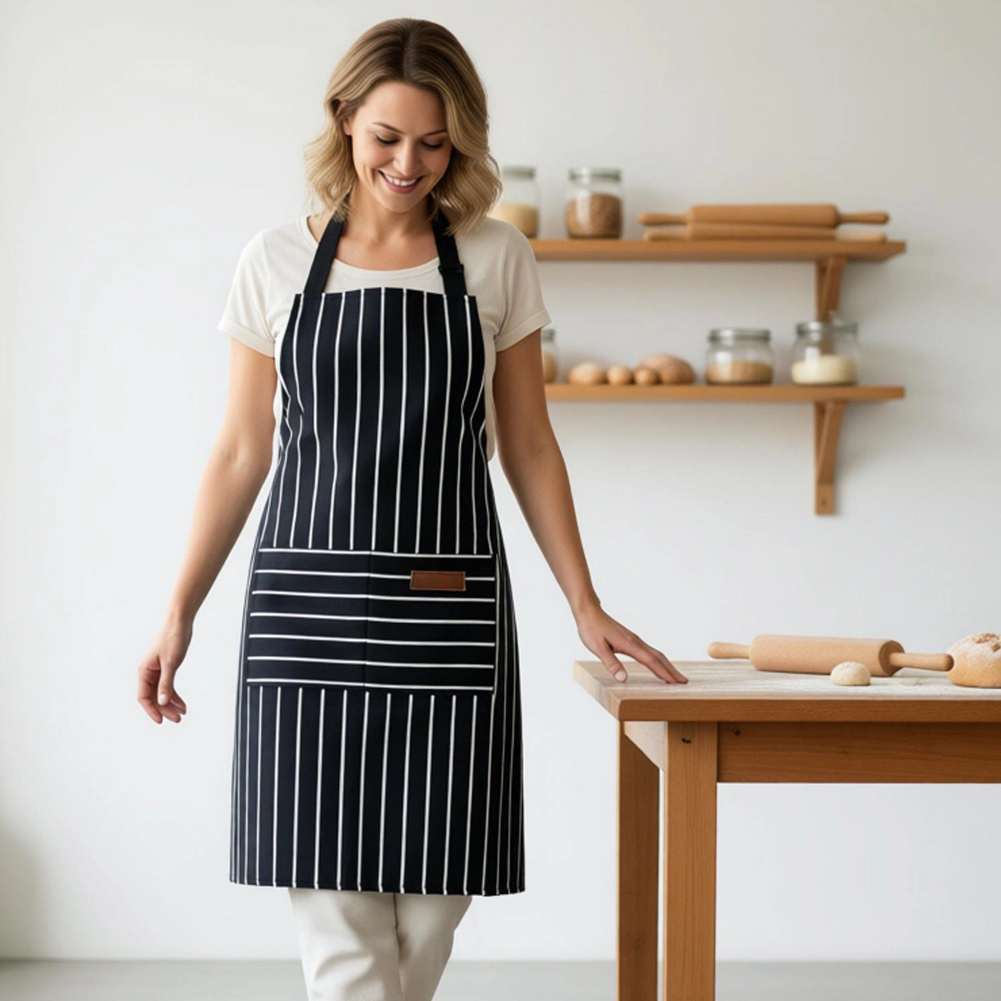 Alilang Unisex Striped Kitchen Apron Cotton Blend Adjustable Neck with Pocket for Cooking Baking Home Use