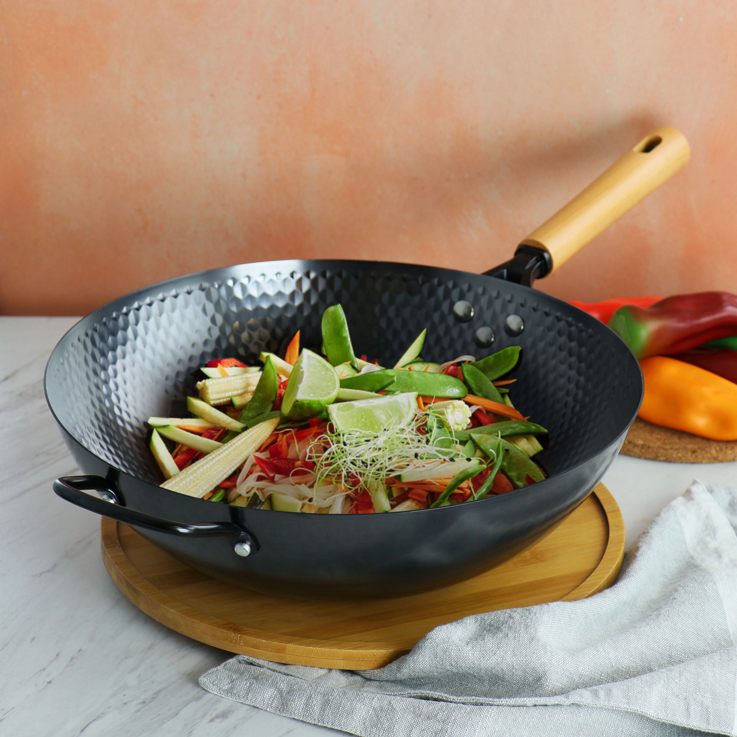 Oster Bressler 13.5in Nonstick Carbon Steel Wok with Wooden Handle