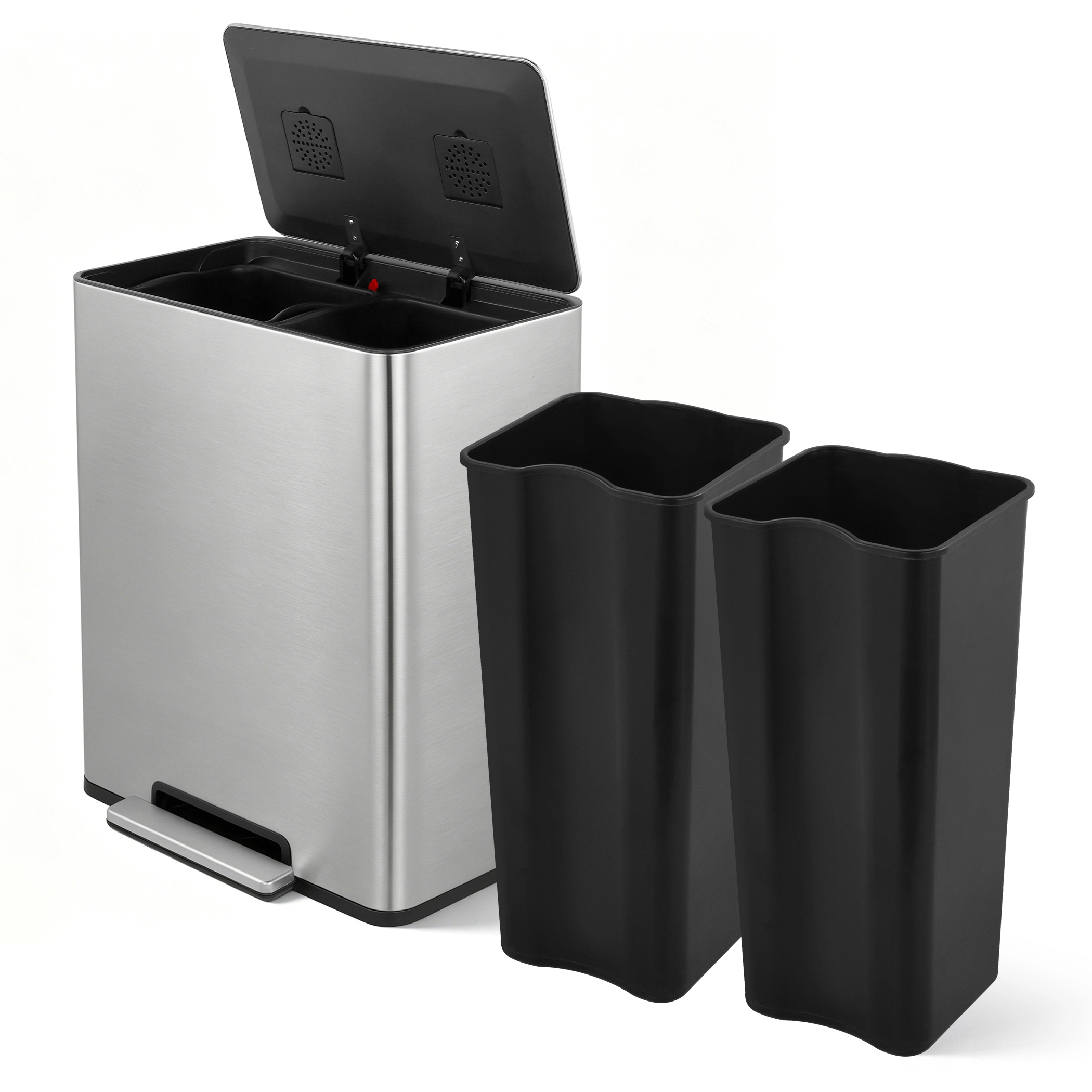 Innovaze Rectangular Stainless Steel Recycle Step-on Trash Can with Dual 30 liter + 30 liter Compartments