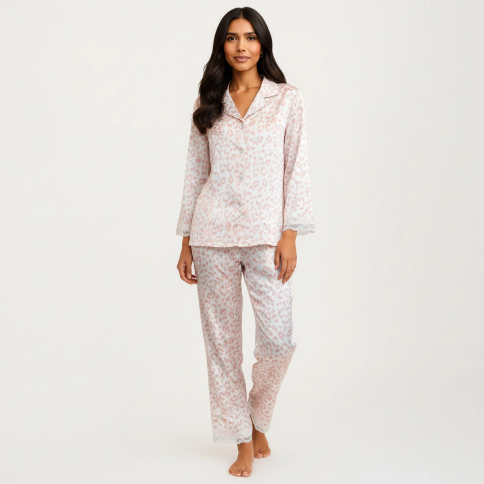 Anna-Kaci Women's 2-Piece Leopard Print Button Front Pajama Top with Lace Trim Sleeves and Matching Relaxed Fit Pants