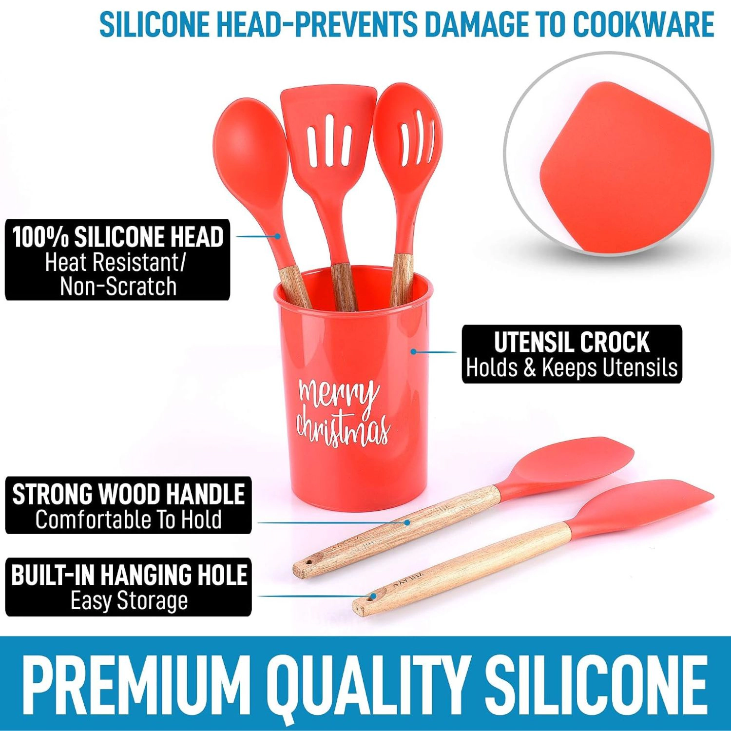 Zulay Kitchen Non-Stick Silicone & Acacia Wood 5-Piece Cooking Utensil Set with Holder
