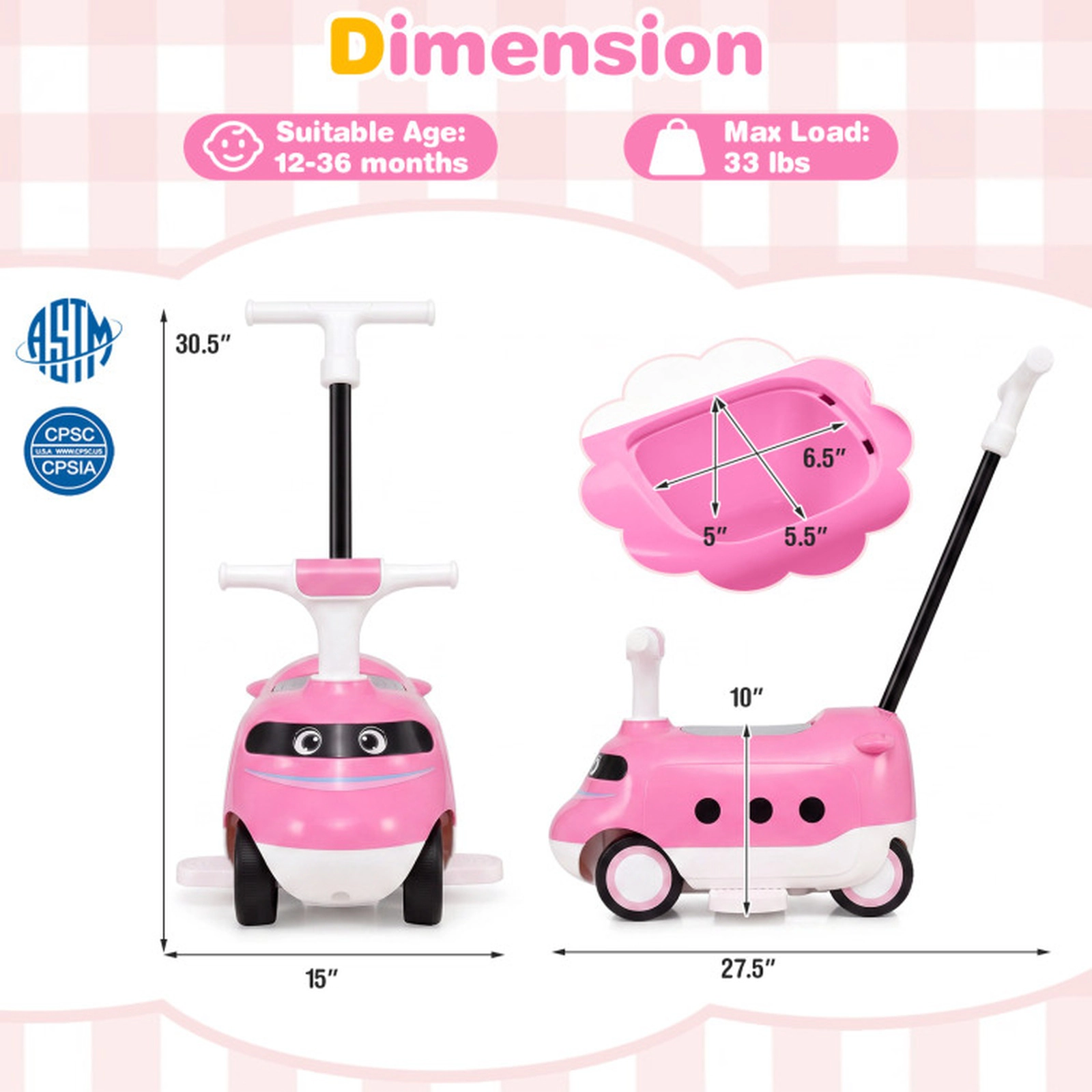 SUGIFT Kids Push 2-in-1 Ride-On Car with Detachable Parent Handle and Horn Pink