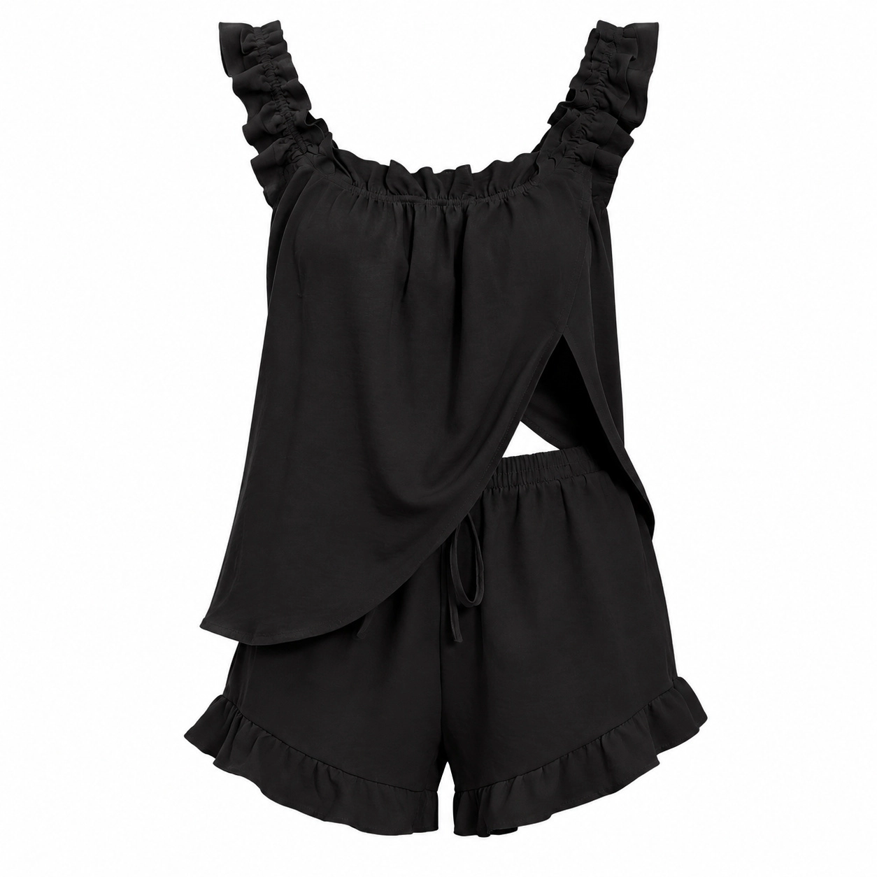 WZK Womens 2-Piece Ruffle Soft Tank Top Shorts Bridal Sleepwear Pajama Set