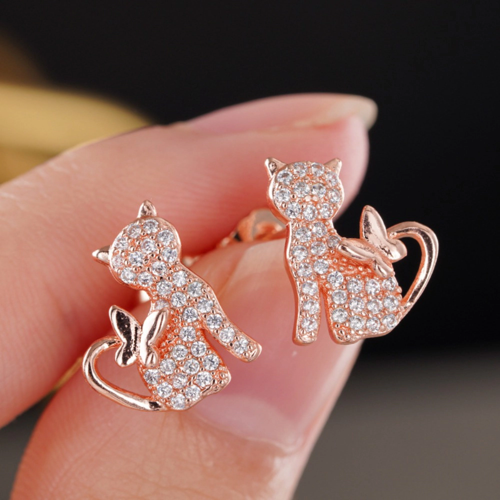 Wardrobe Whimsy Cat And Butterfly Stud Earrings Paved Cubic Zirconia Animal for Women