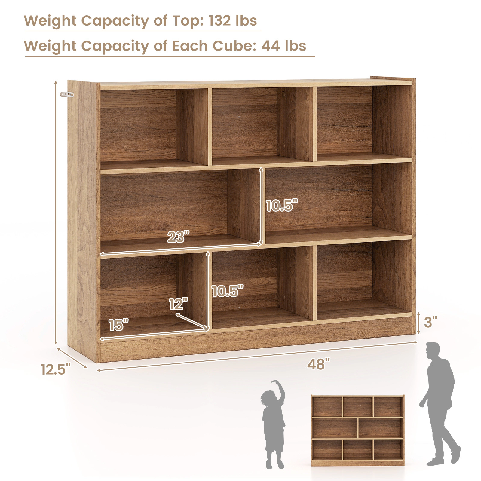 SUGIFT 8-Cube Natural 48-in Wide 3-Tier Cube Storage Organizer Bookshelf with Raised Top Edge and 132-lb Top