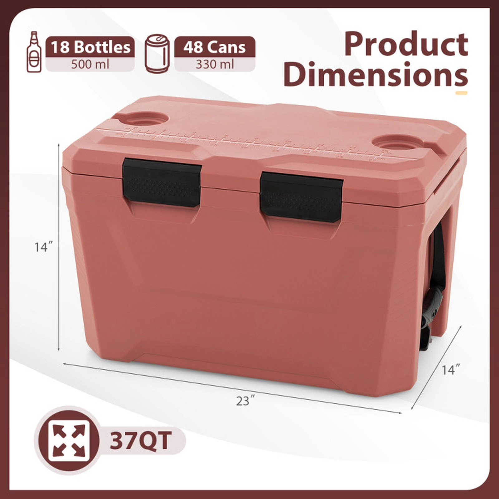 SUGIFT 37-Quart Pink Hard Cooler with 2 Cup Holders and Bottle Opener 23-in W 14-in D 14-in H 110-lb Lid Capacity