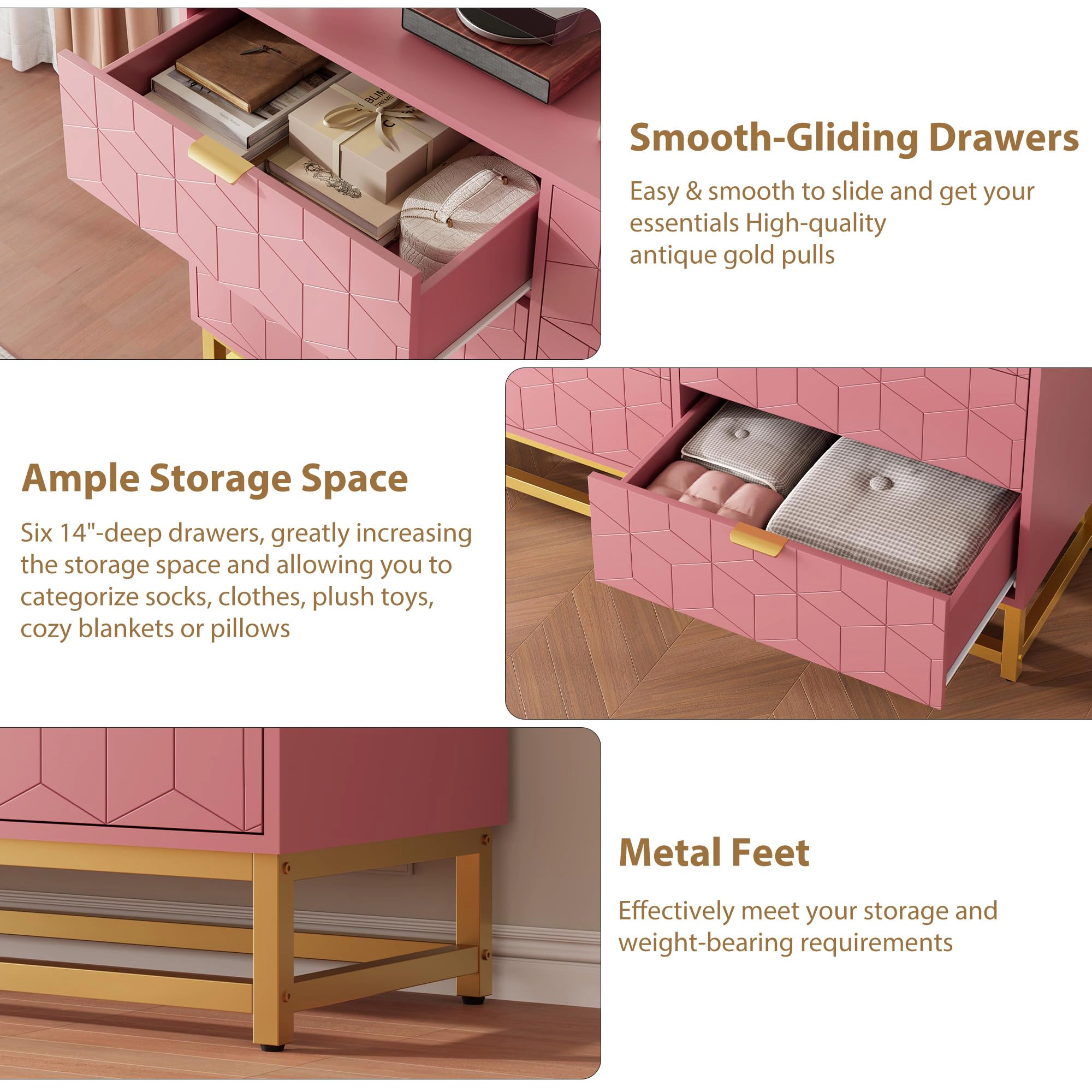 Modern 6 Drawer Double Dresser with Gold Handles, Wide Storage Chest & TV Stand for Bedroom Living Room