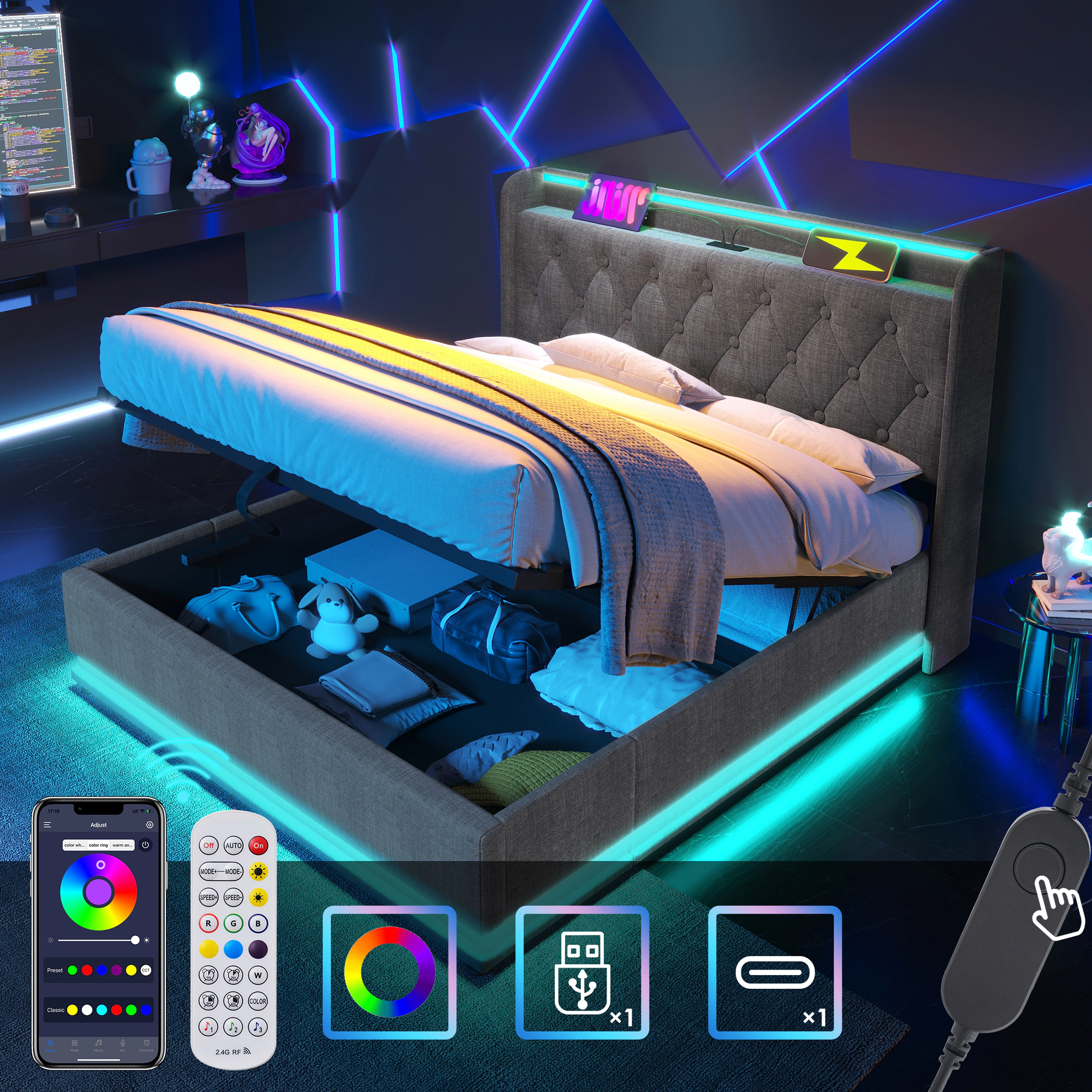 Flynama King Upholstered Bed with 360° LED, Hydraulic Lift Storage, USB-C Charging, Gray Linen