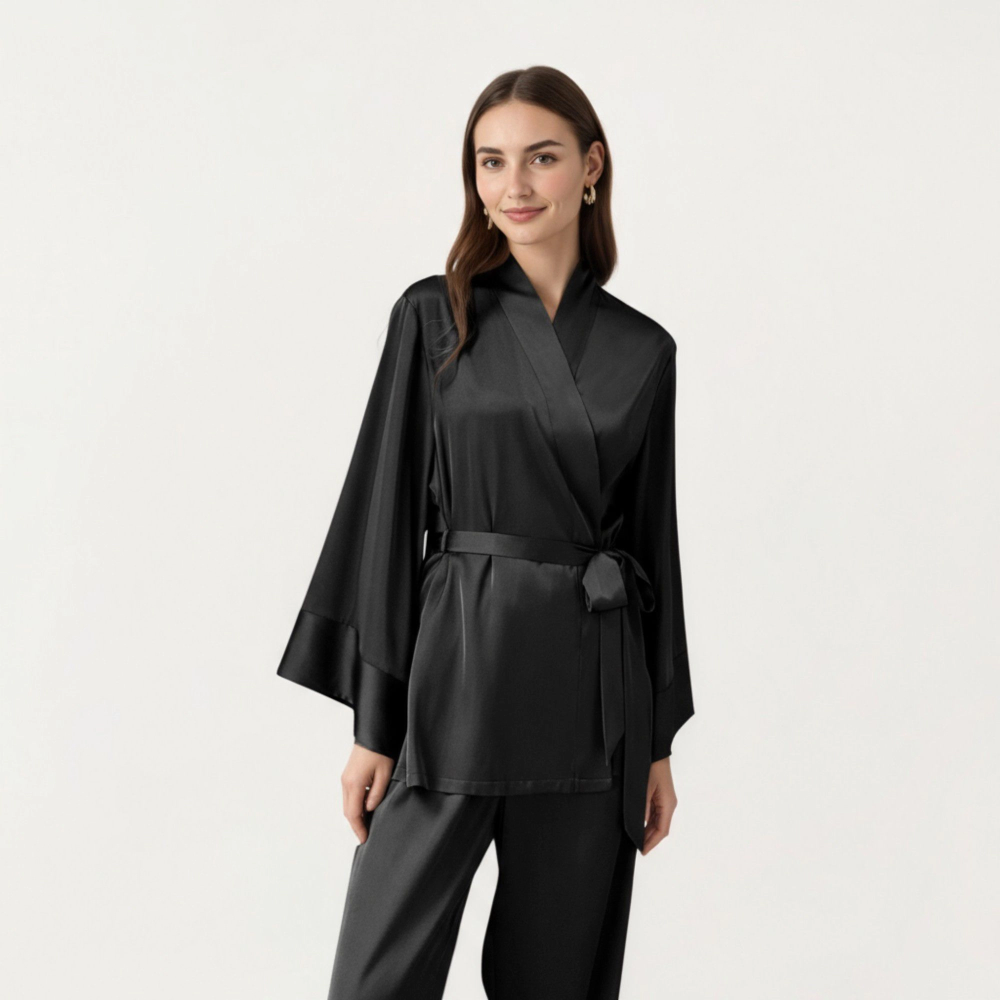 Anna-Kaci Women's 2-Piece Satin Wrap Long Sleeve Belted Top and Wide Leg Pants