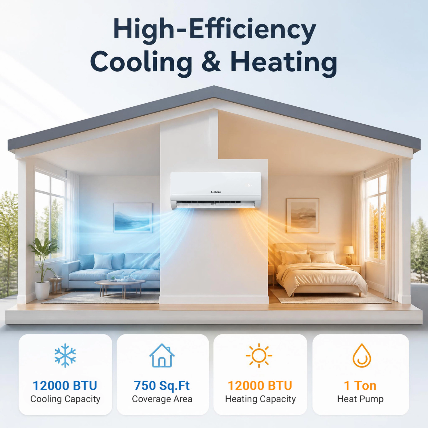LJG Lithzen 12000 BTU 208-230V 17 SEER2 Mini Split Air Conditioner and Heater WiFi Enabled