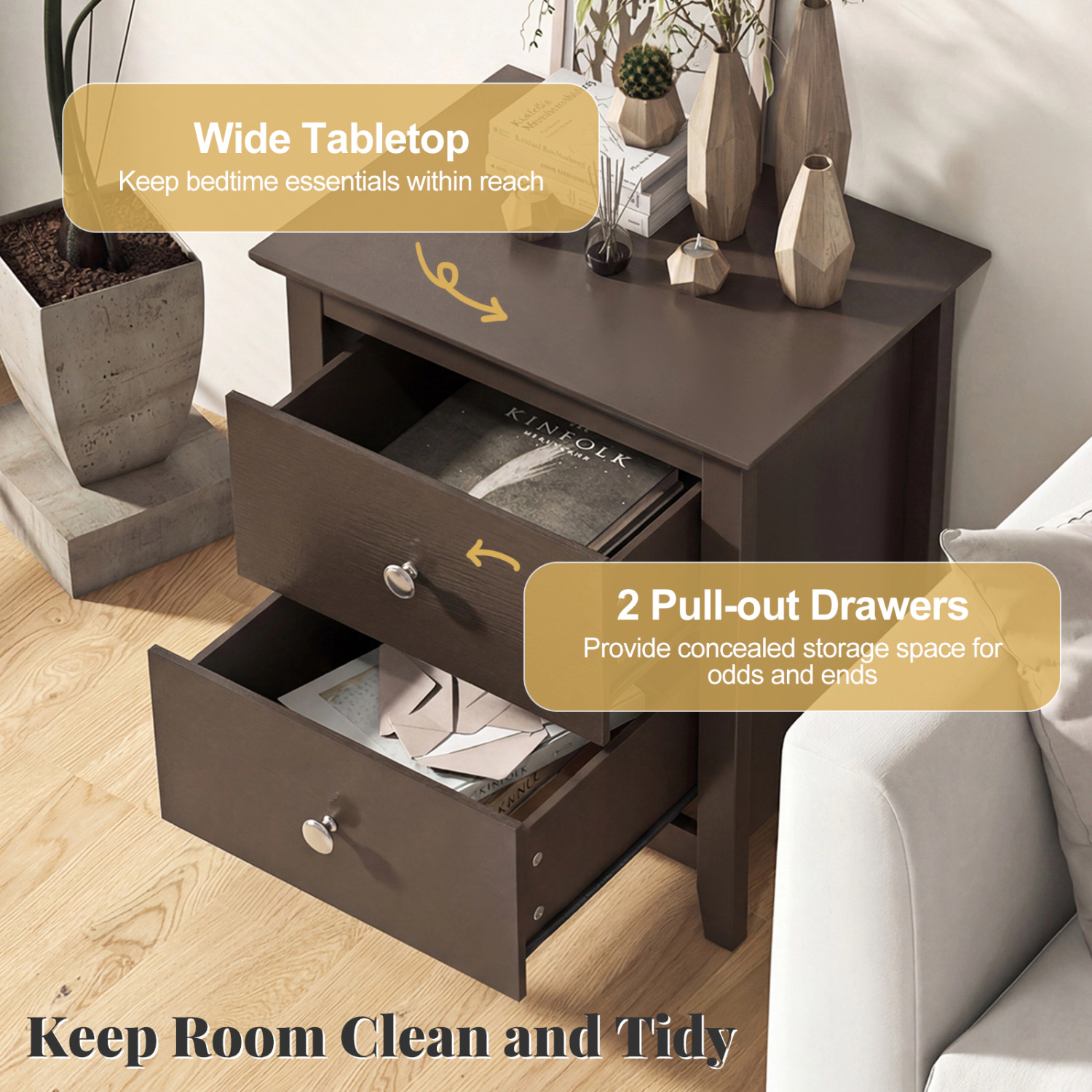 Hivvago Set of 2 Contemporary Nightstands with Two Drawers for Small Bedrooms