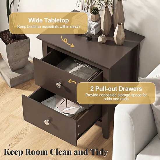 Glintex 2-Piece Modern Nightstand Set with 2 Drawers and Round Metal Knobs, Black