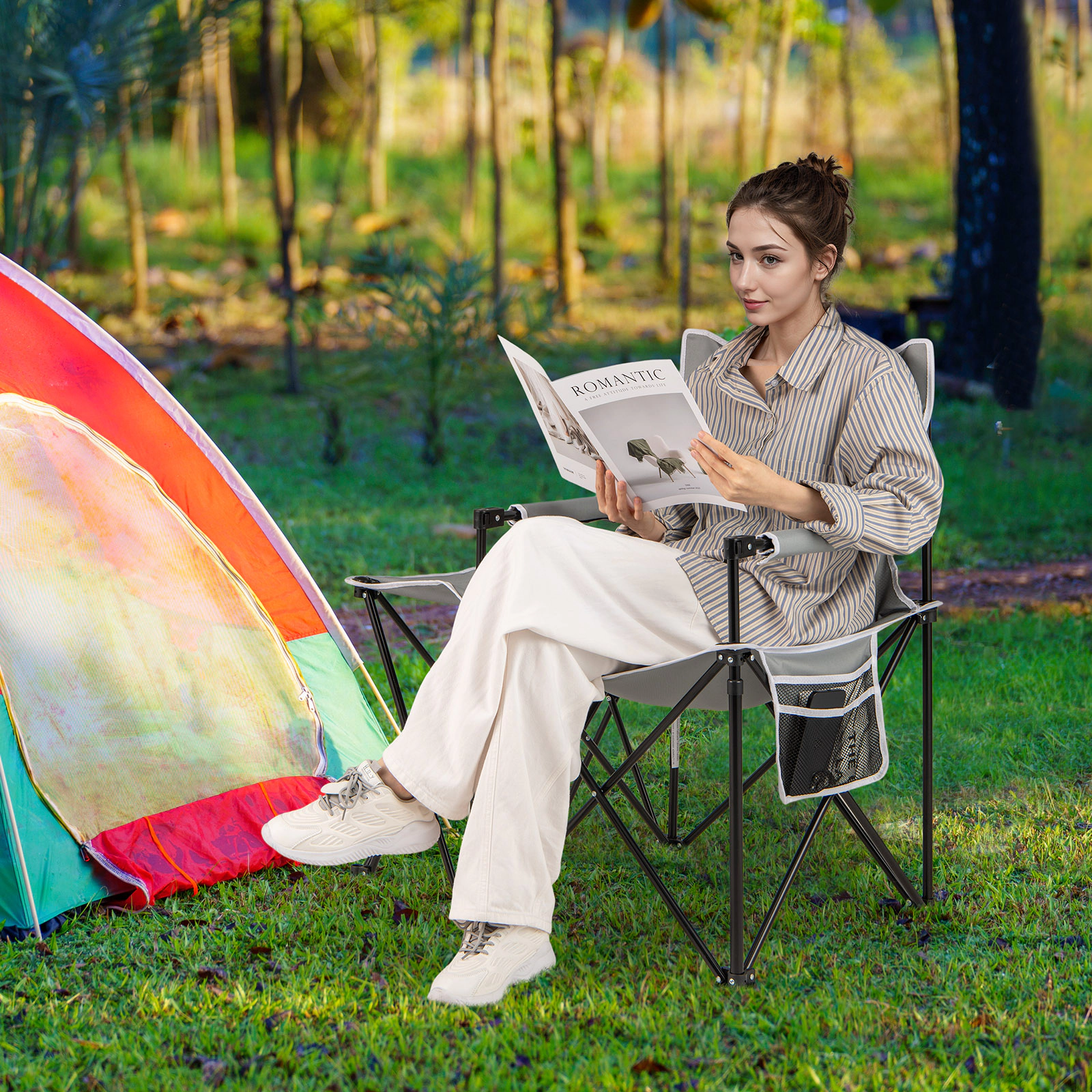 SUGIFT Gray Oversized Camping Chair with Side Table and 2 Storage Pockets 32.5-in W 21.5-in D 330-lb Seat Capacity