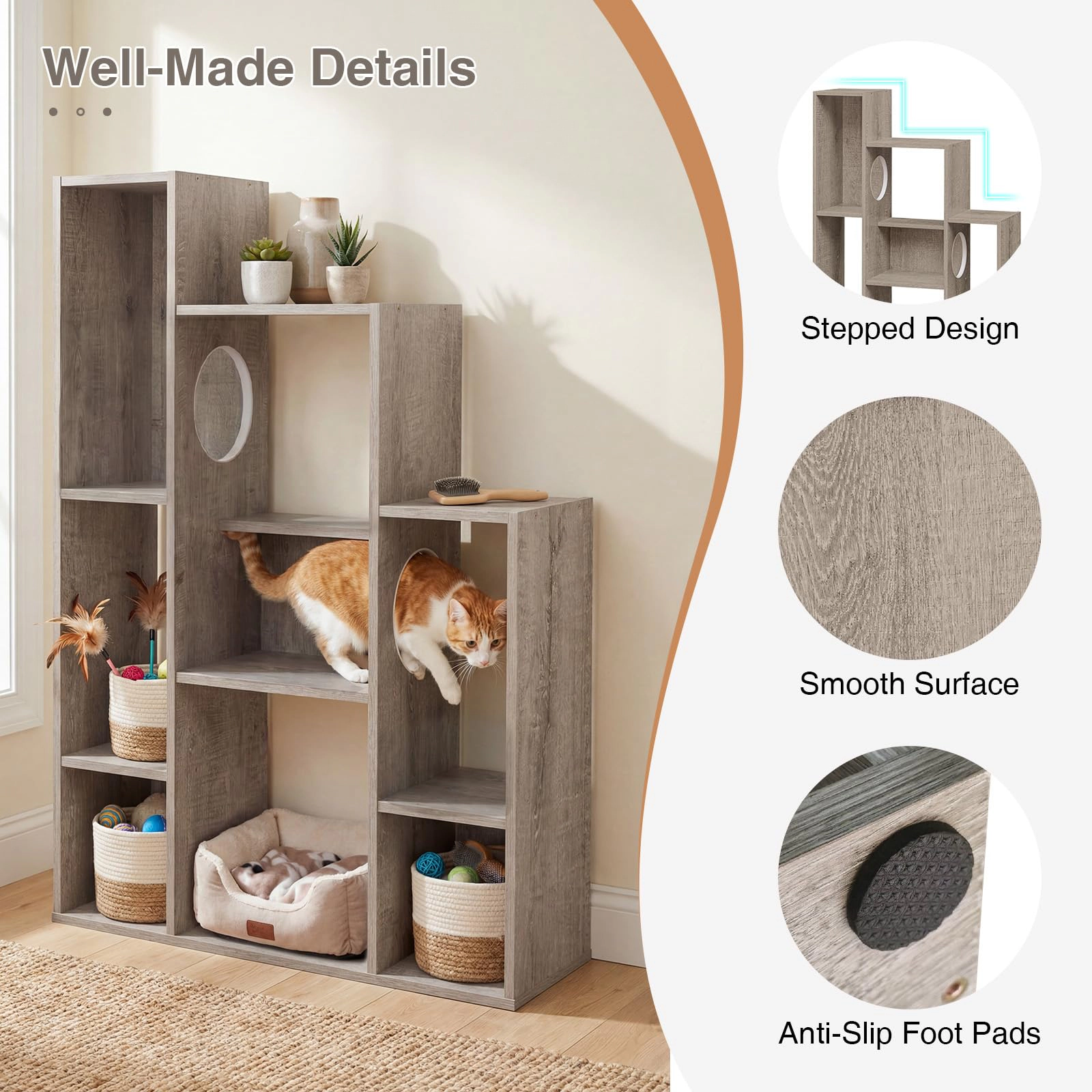 Glintex 8-Section Cat Bookshelf Cabinet with 2 Round Hollow Doors and Anti-Tip Device