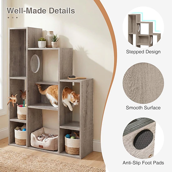 Glintex 8-Section Cat Bookshelf Cabinet with 2 Round Hollow Doors and Anti-Tip Device