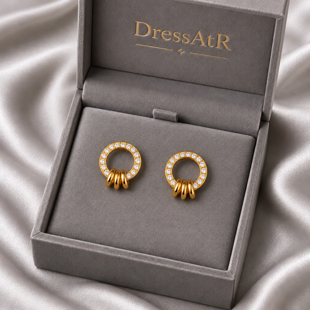 DressAtR Women's Double Ring 18K Gold Plated Earrings