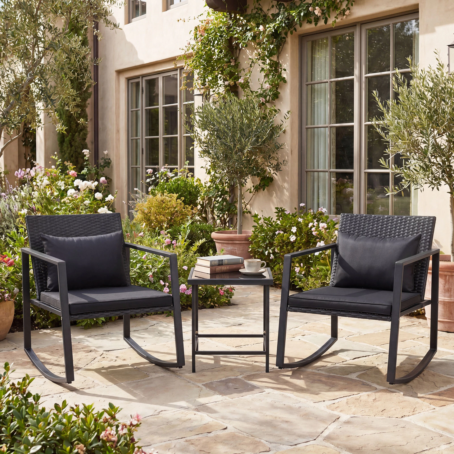 LJG 3-Piece Outdoor Rocking Bistro Set with Soft Cushions and Tempered Glass Table