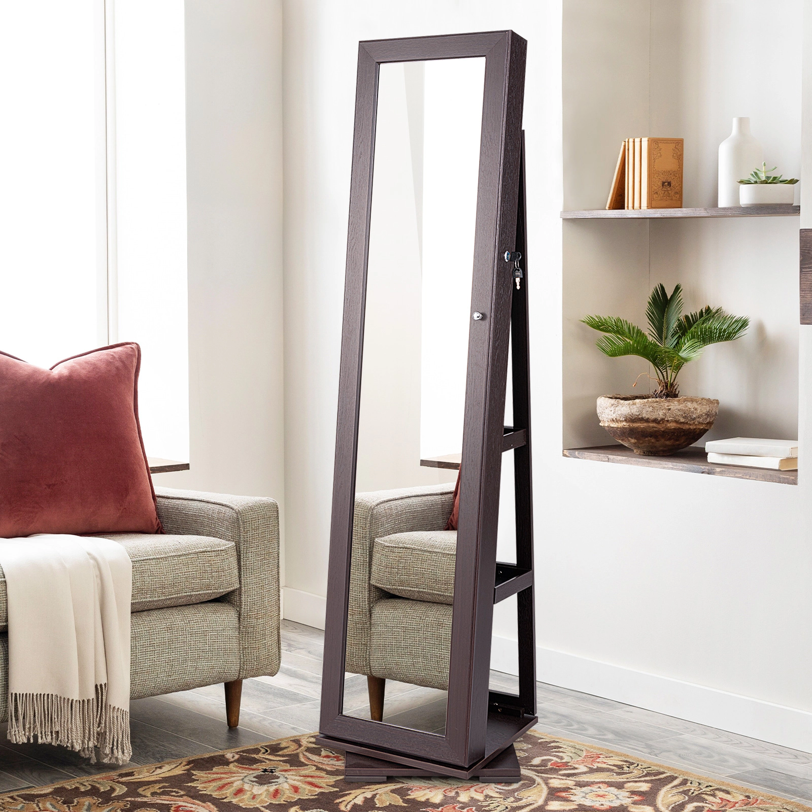 SUGIFT 360 Degree Rotatable Jewelry Cabinet 2-in-1 Lockable Armoire with Full-Length Mirror