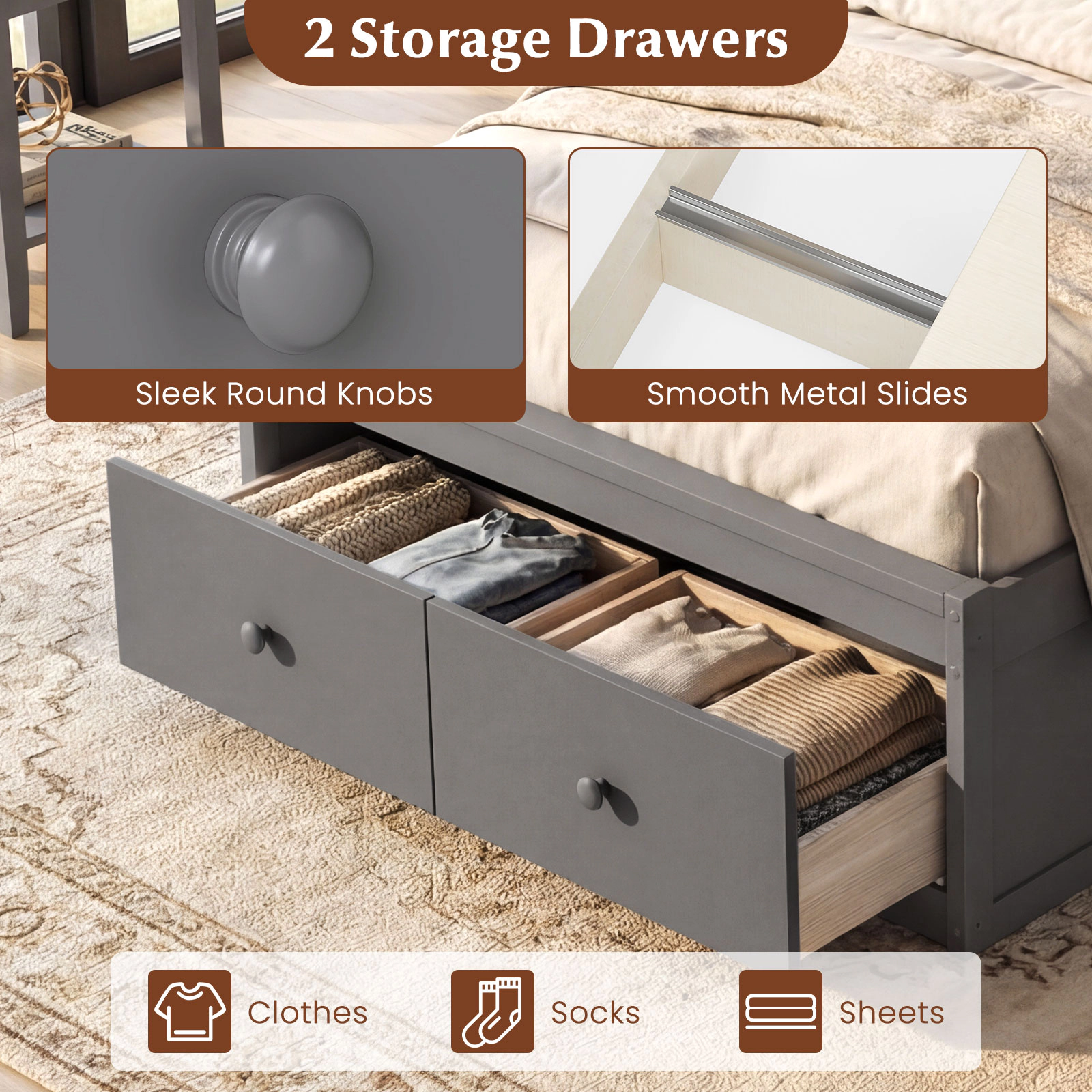 SUGIFT Twin 350-lb Bed Capacity Wood Platform Frame with Headboard and 2 Storage Drawers 40.5-in H Gray