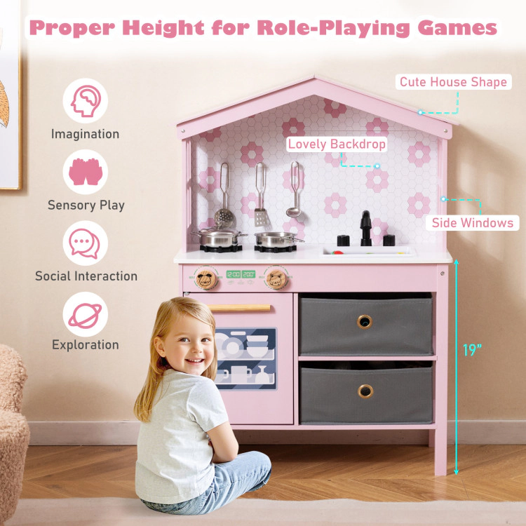Hivvago Kids Play Kitchen Children Toy Playset with 2 Stoves and Rotation Knobs