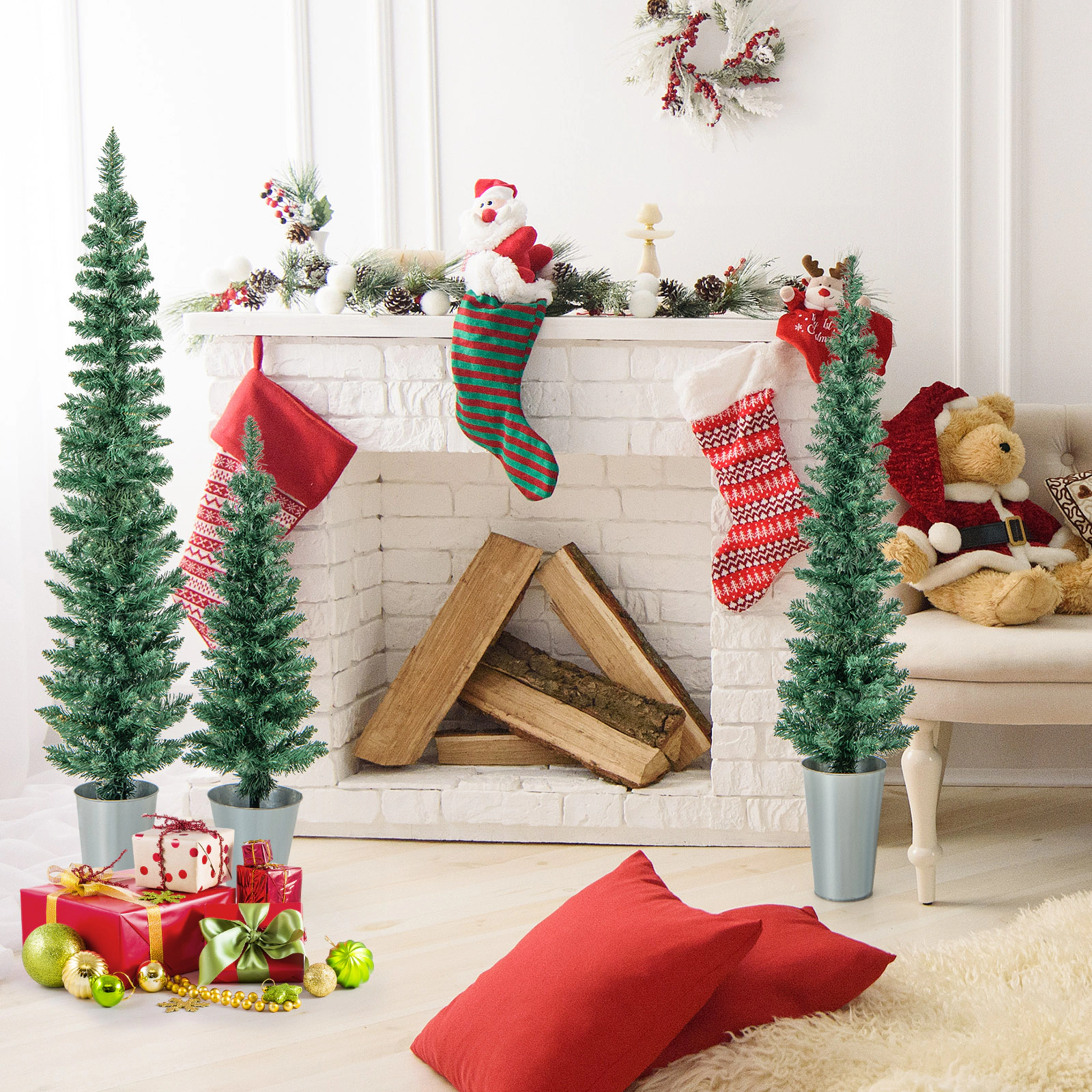 LJG Set of 3 Potted Artificial Christmas Tree with Silver Metal Buckets