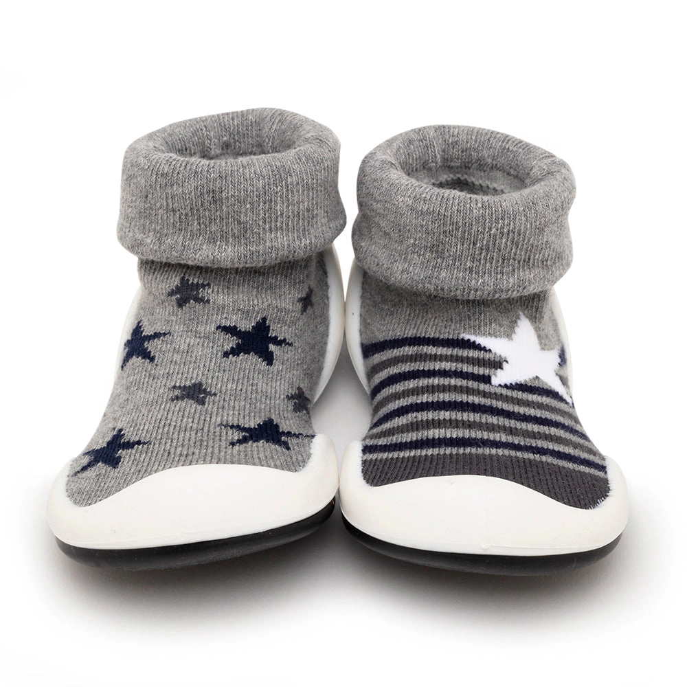 Komuello Toddler Girl Boy First Walk Sock Shoes Stars & Stripes - Grey