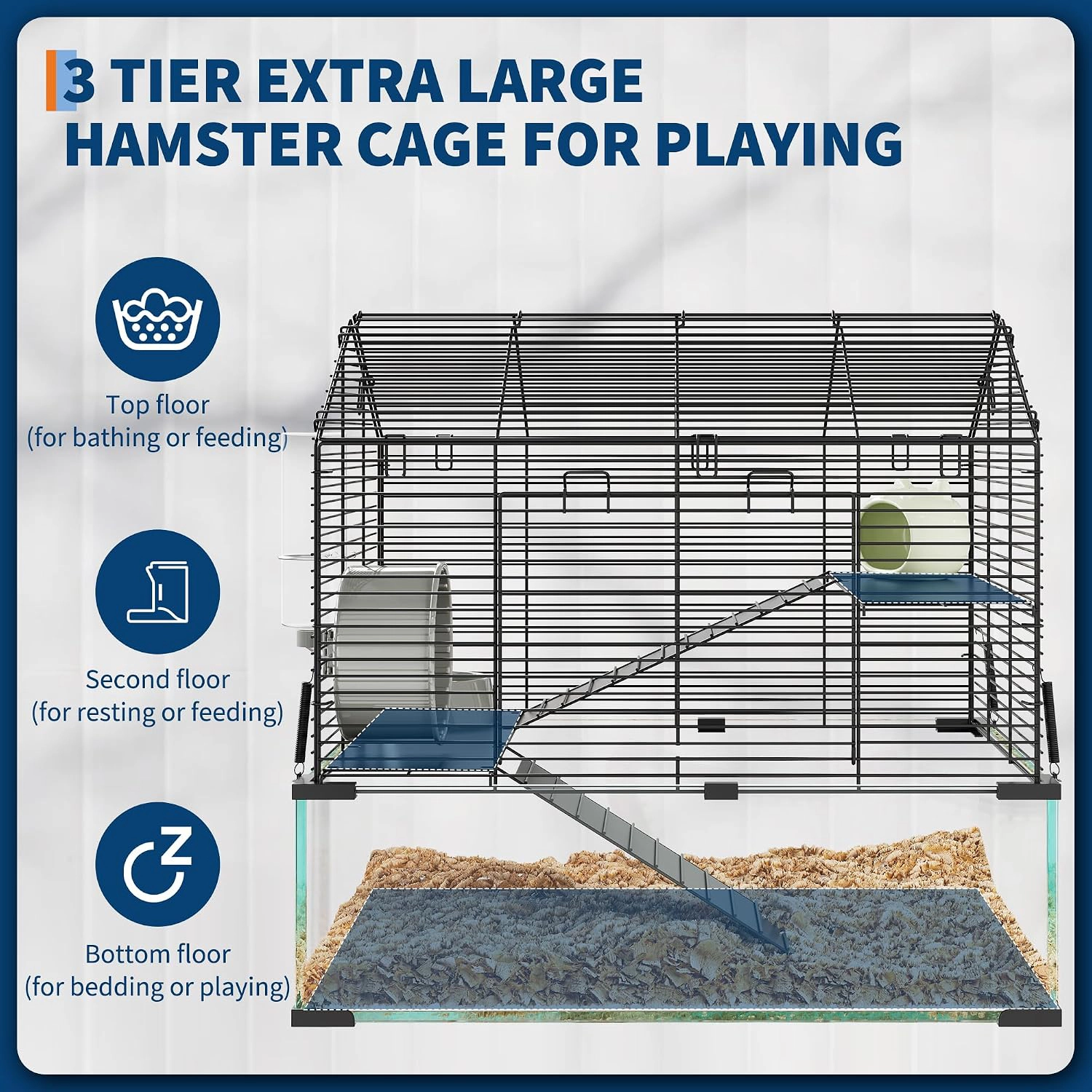 58x54x38cm Glass-Metal Hamster Gerbil Cage, 360 View Small Animal Habitat with Full Accessories