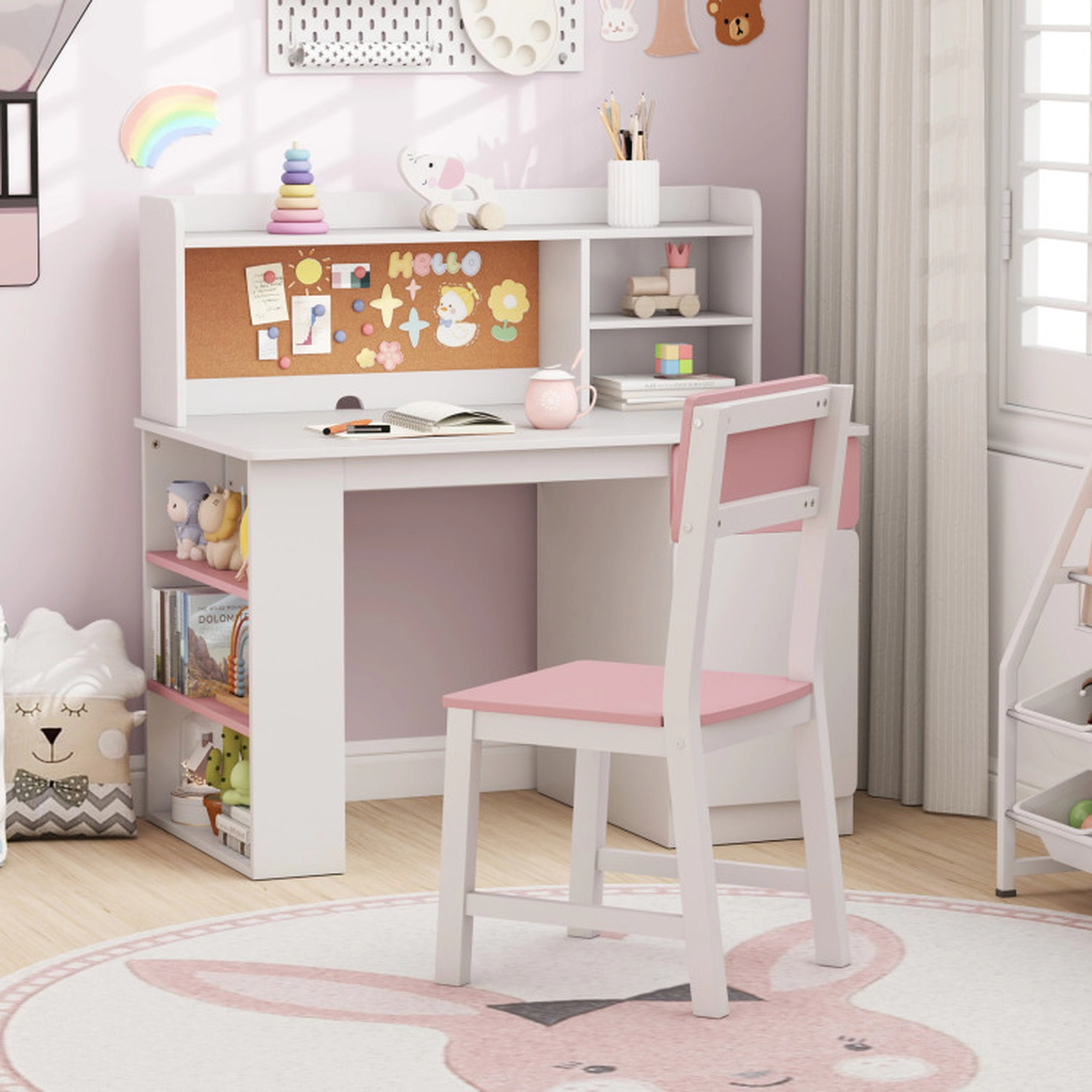 SUGIFT Pink Hutch Drawer and 3-Layer Side Shelf Kids Desk and Chair Set