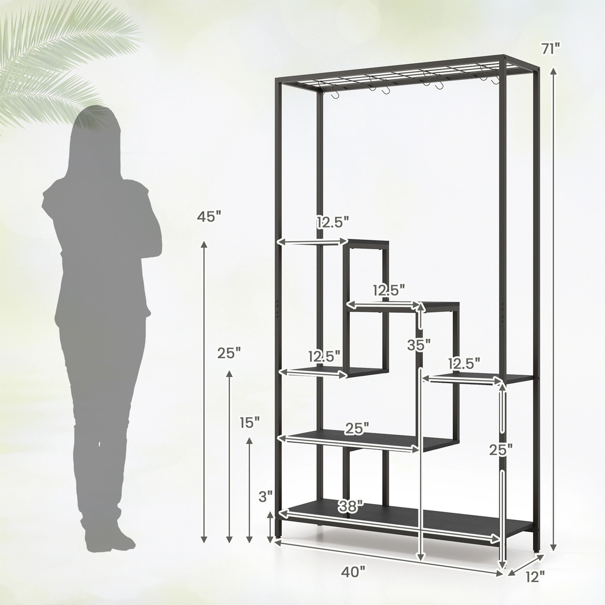 SUGIFT 6-Tier 71-in Tall Indoor Ladder Metal Plant Stand Shelf with 10 Hanging Hooks and Anti-Tip Kit