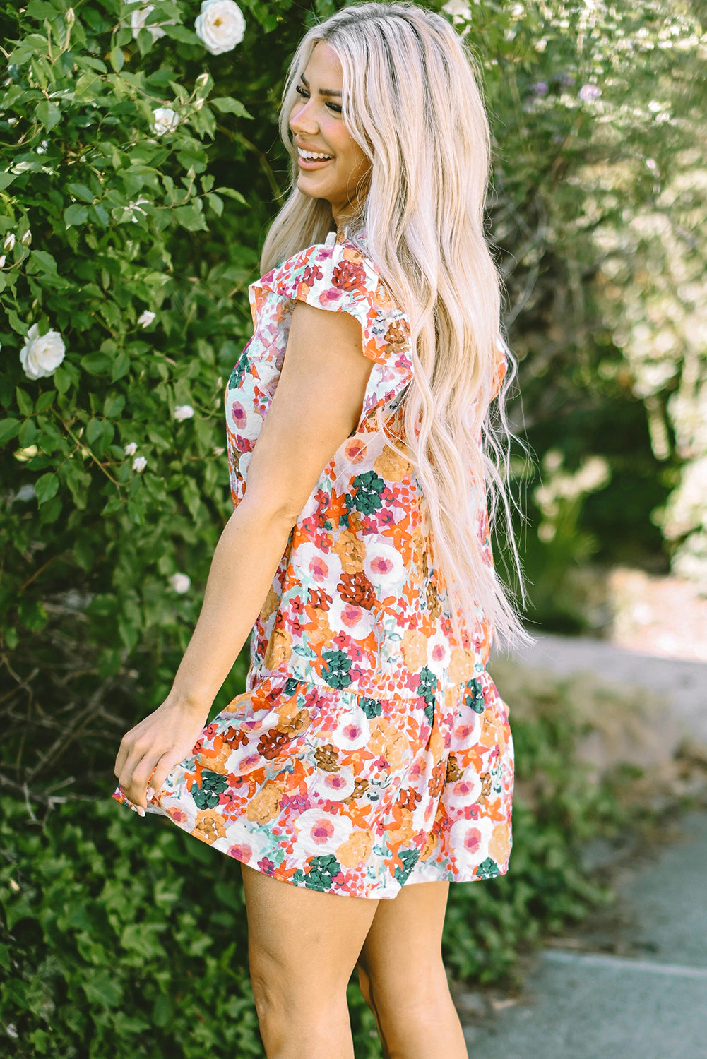 Threaded Pear Women's August Floral Print Split Neck Flutter Sleeve Dress