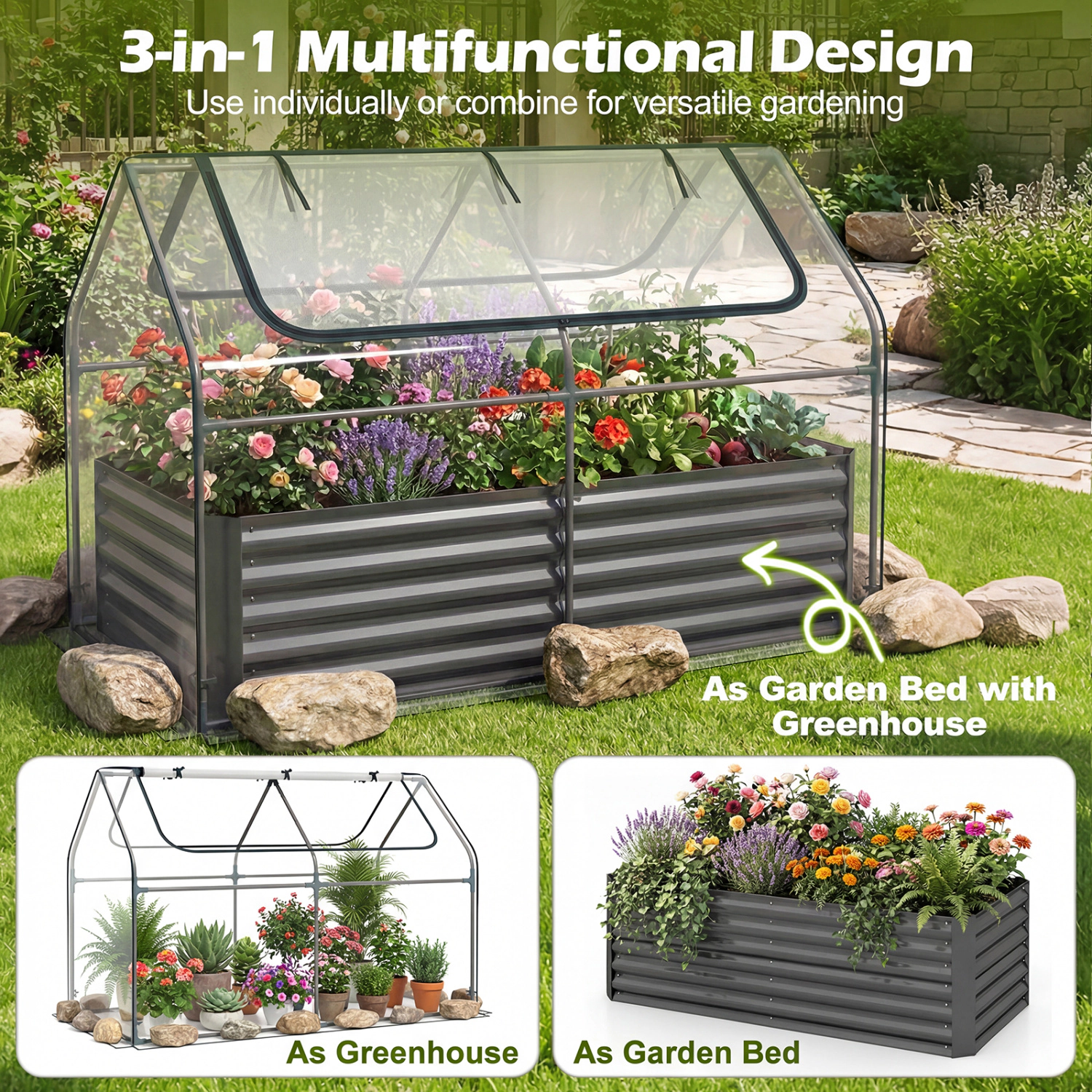 LJG 68 x 33 21 Inch Galvanized Raised Garden Bed with Cover