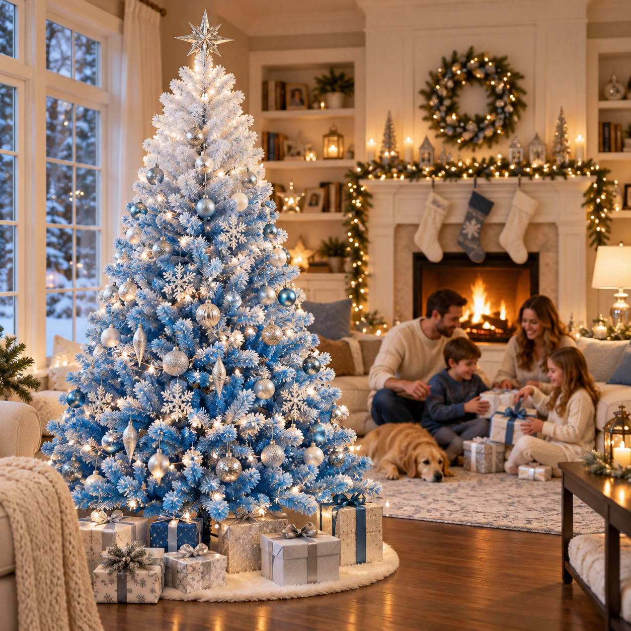 SUGIFT 8-ft White and Blue Flocked Christmas Tree with 1774 Branch Tips and Folding Metal Stand 4.8-ft W