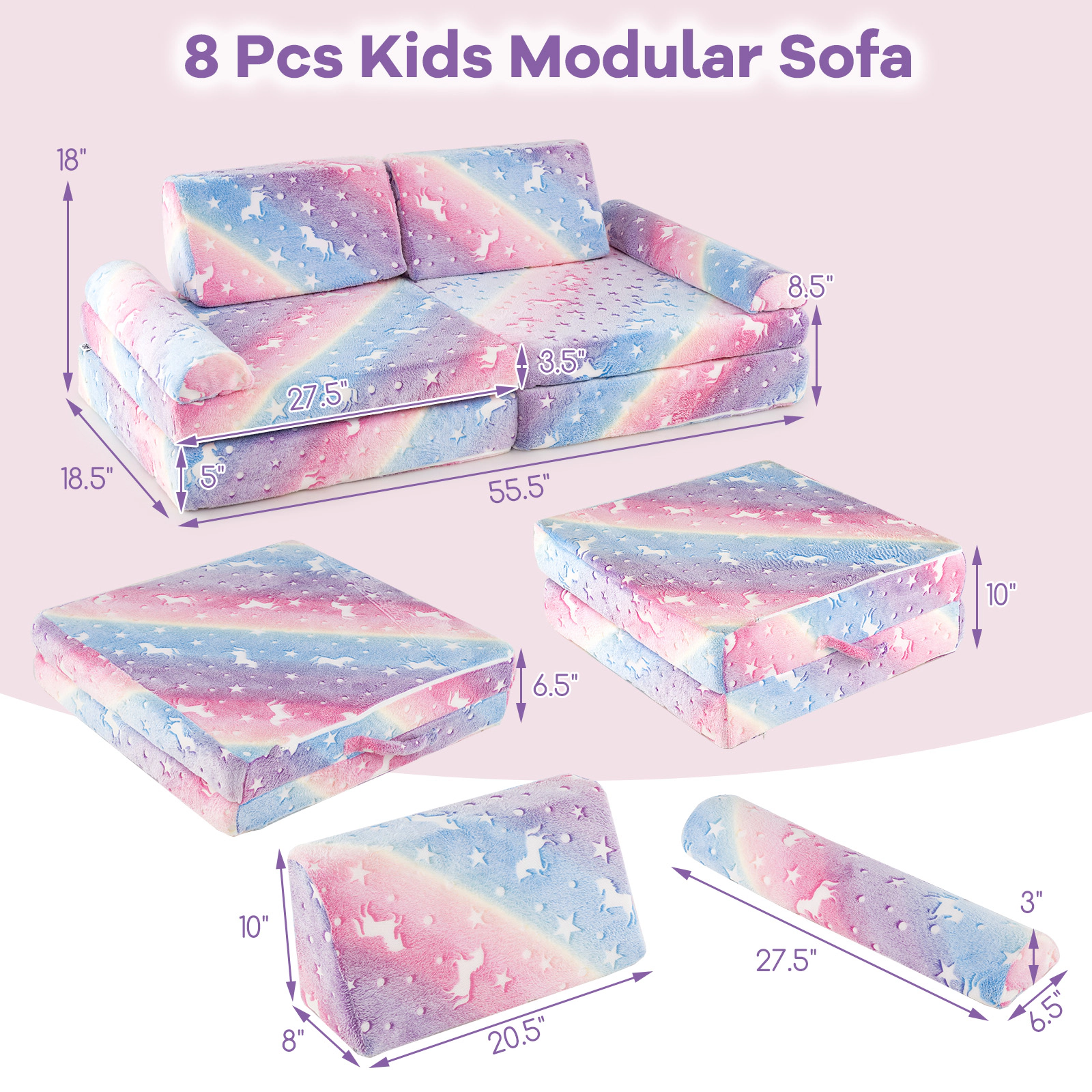 SUGIFT Glow-in-the-Dark Modular Kids Play Couch Toddler Sectional Sofa Gray/Multicolor