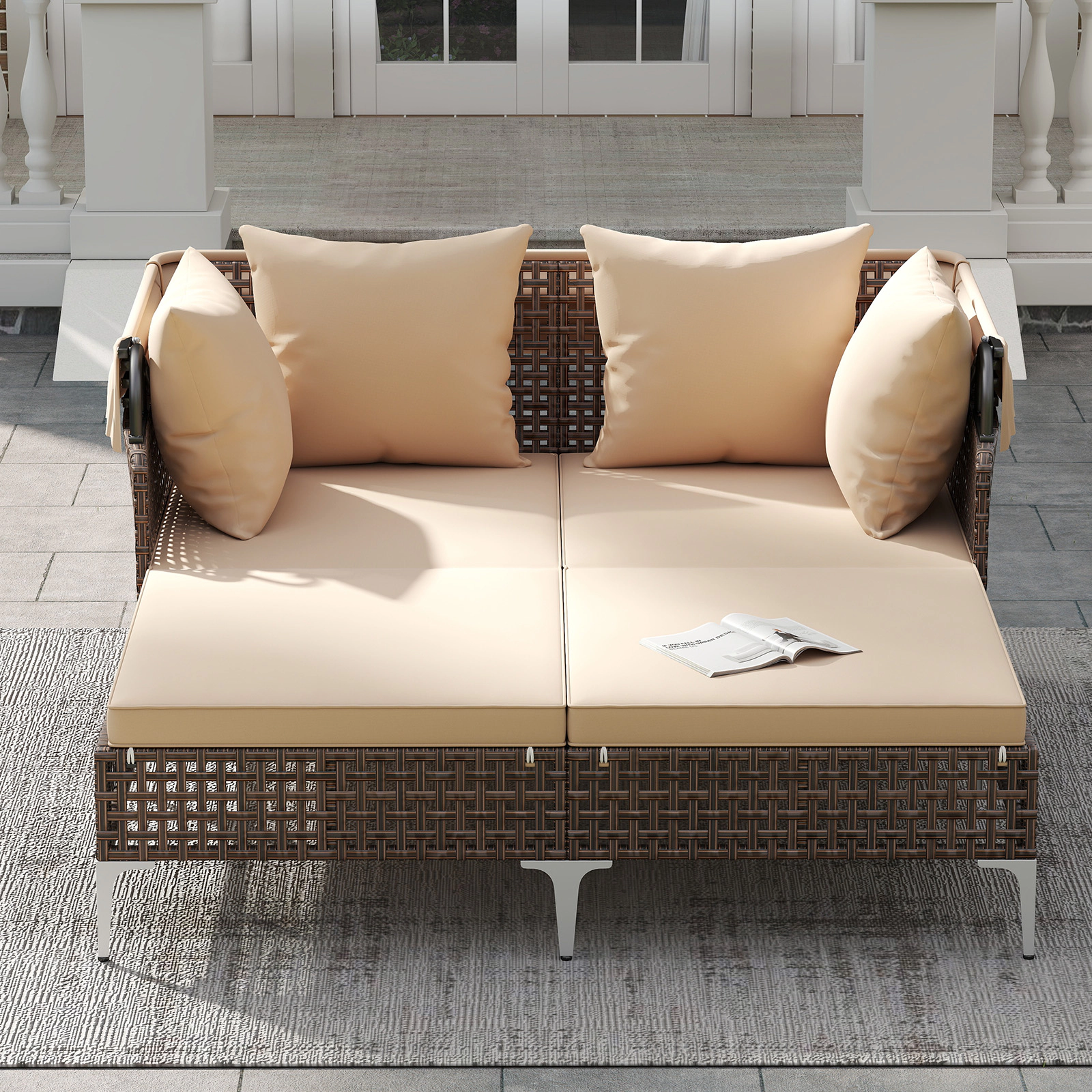 LJG Outdoor Daybed with Retractable Canopy PE Wicker Rattan Patio Lounger
