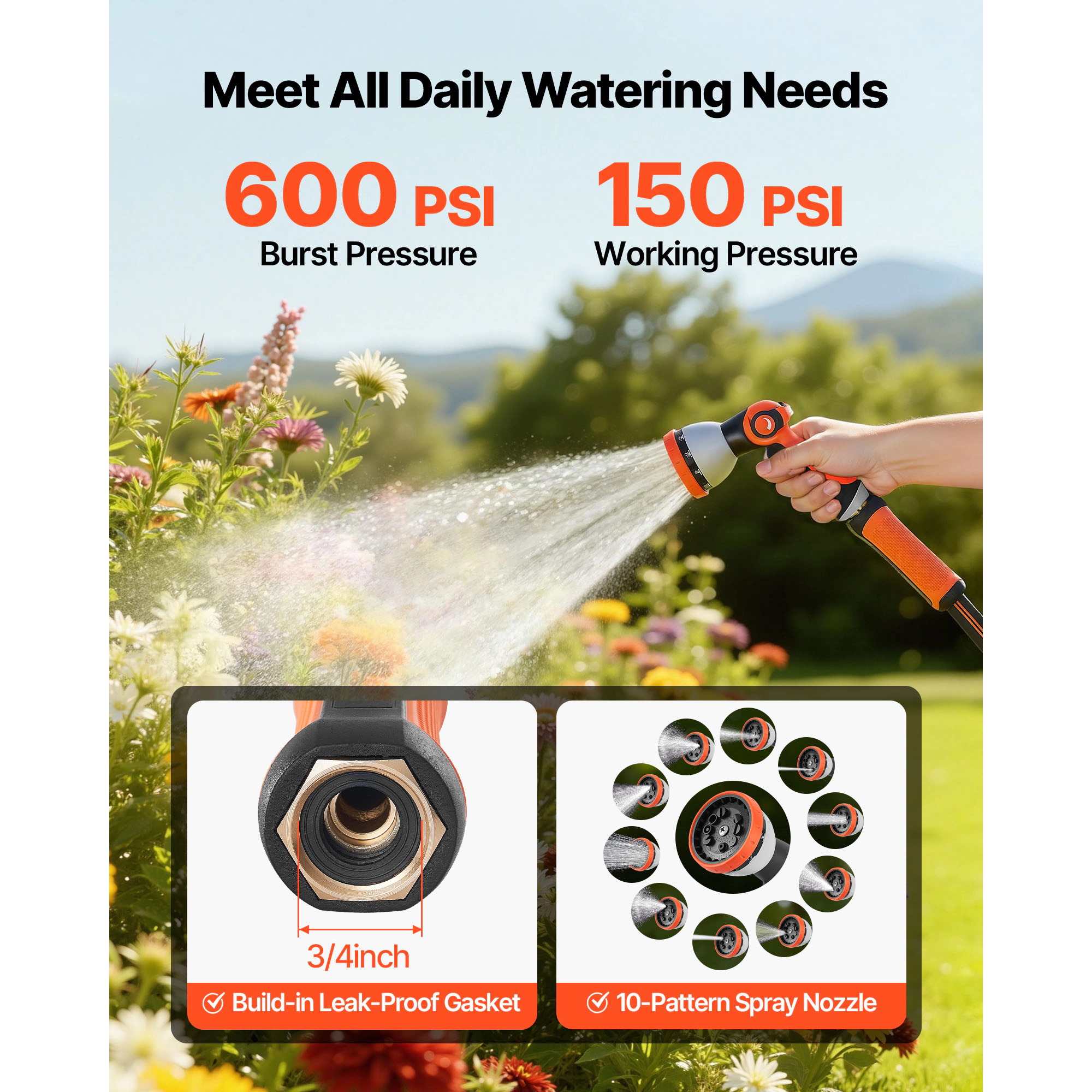 HONGGE 150ft Garden Hose with 10-Pattern Spray Nozzle, 5/8" Heavy Duty 4-Layer Rubber, 150/600 PSI