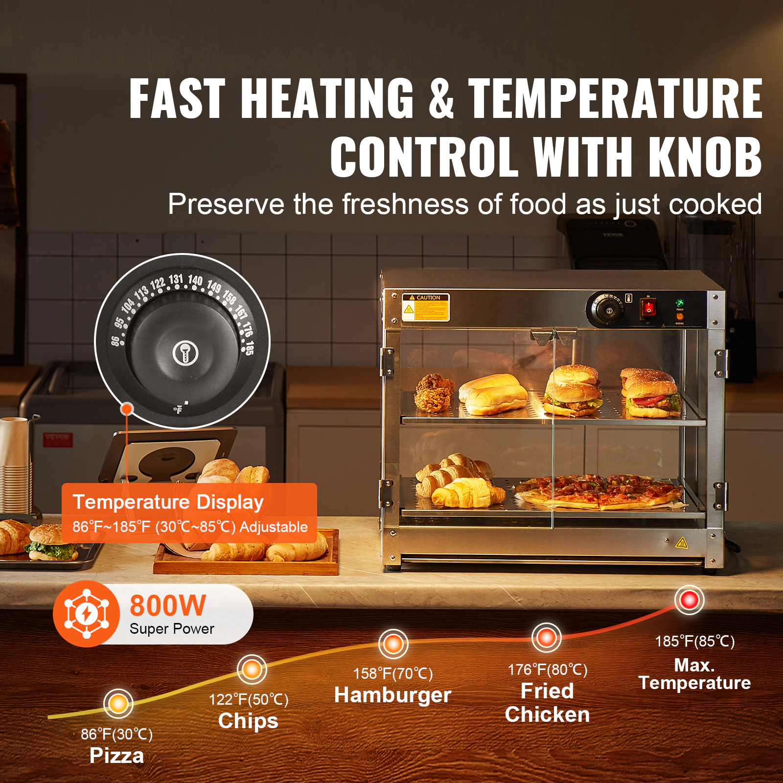 HONGGE Commercial Food Warmer Display 800W Food Display Warmer with Light to Enhance Food Display 86℉~185℉ Temperature