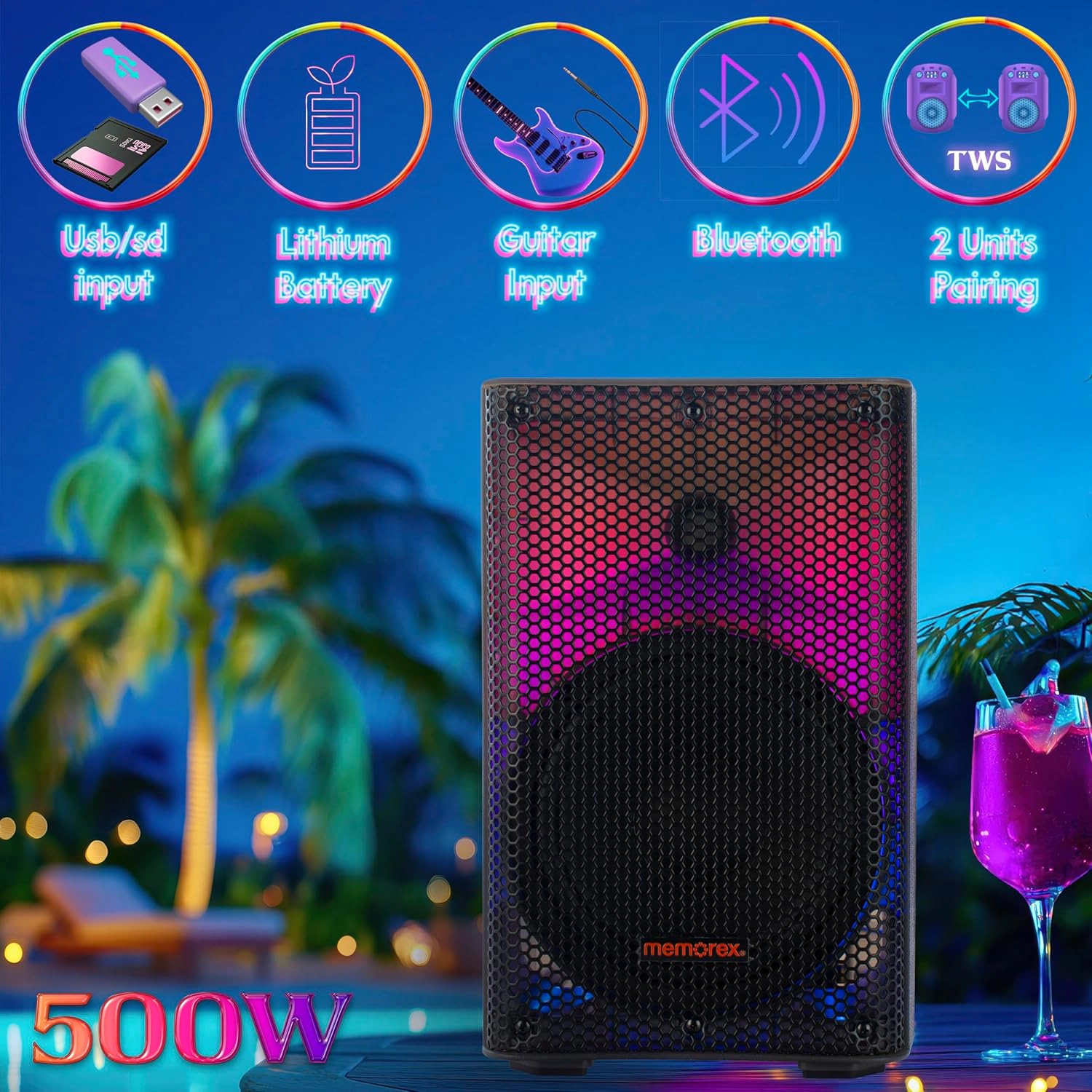 Memorex MX-PS801 50W Bluetooth Party Speaker - 8" Woofer, Titanium Tweeter, LED
