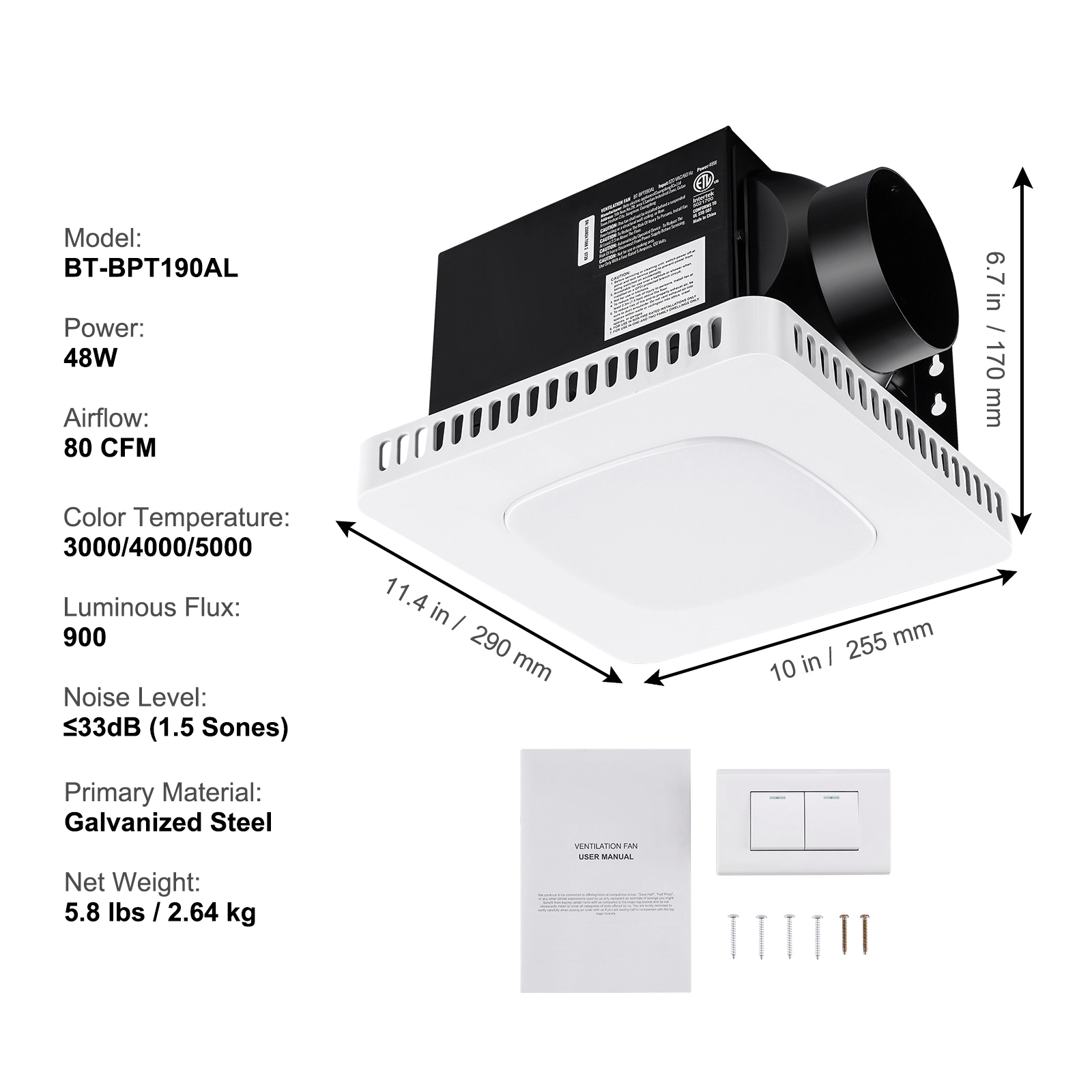 HONGGE Bathroom Exhaust Fan -Efficiency Ventilation 1.5sones Low Noise Operation All-Copper Motor Energy-Saving