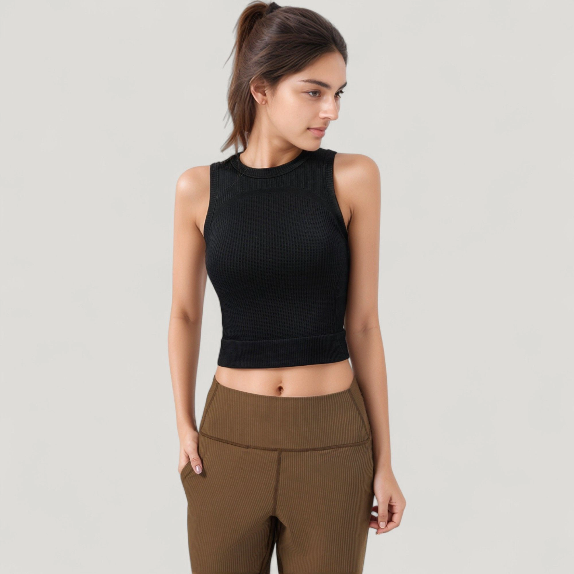 Anna-Kaci Women's Ribbed High Neck Sleeveless Crop Top with Seam Detail