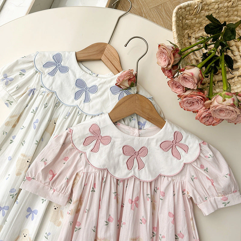 MyKids-USA Toddler Girls Summer Dress - Short Sleeves, Embroidered Collar, Floral Teddy Print - Cotton Blend